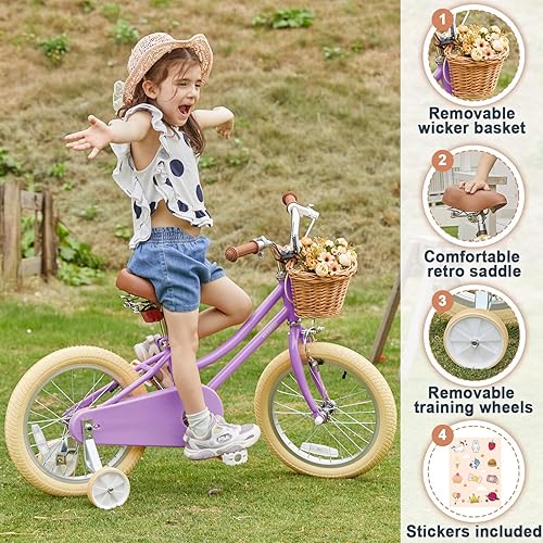 Miniatura 2 de Petimini Bicicleta para niñas con cesta para niños de 2 a 12 años, bicicleta de 12, 14, 16, 18 y 20 pulgadas, con ruedas de entrenamiento de