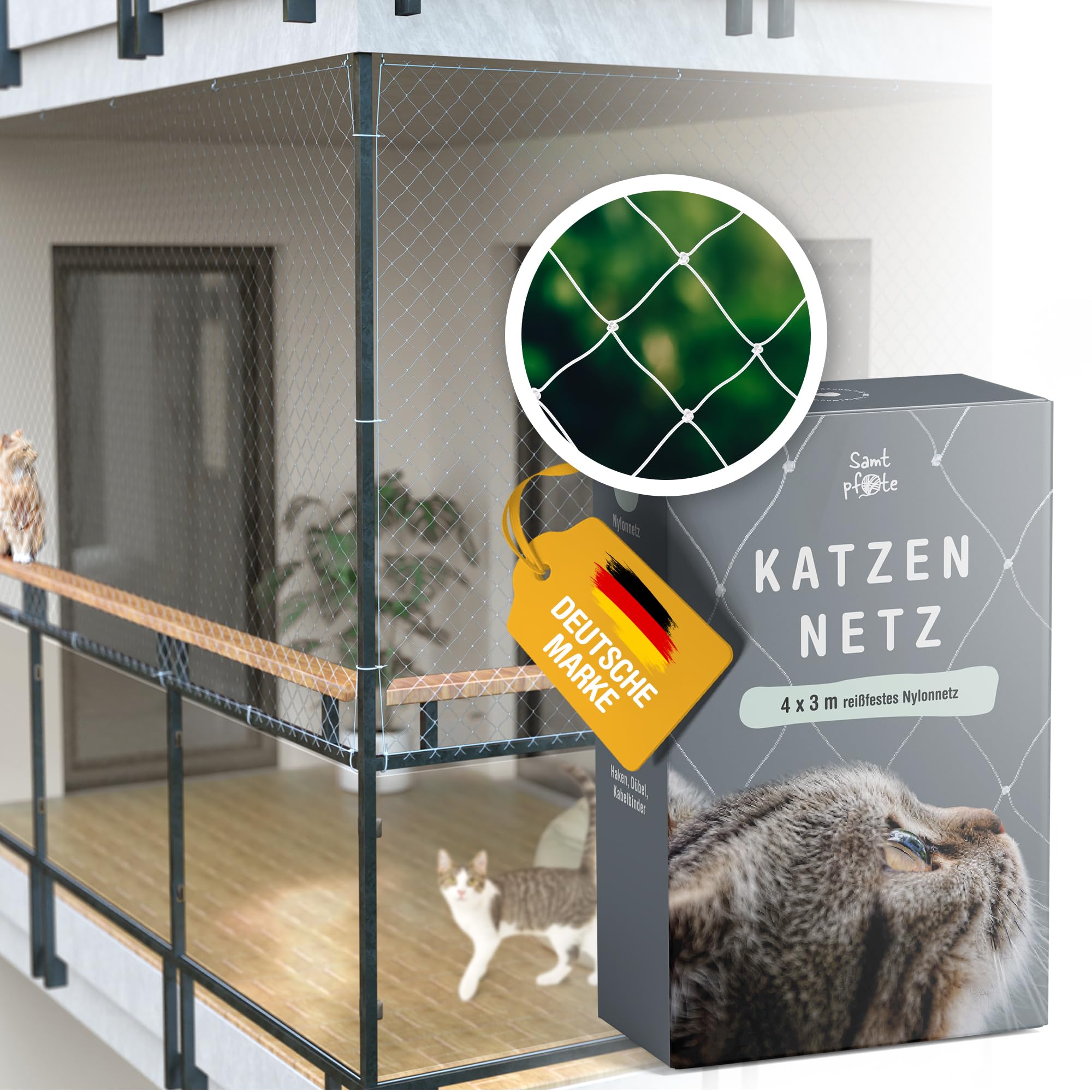 Samtpfote® Katzennetz für Balkon & Fenster - 4 x 3 m - Transparentes Katzenschutznetz inkl. Montagematerial - langlebig, reißfest und robust - Taubenabwehr und Vogelschutz