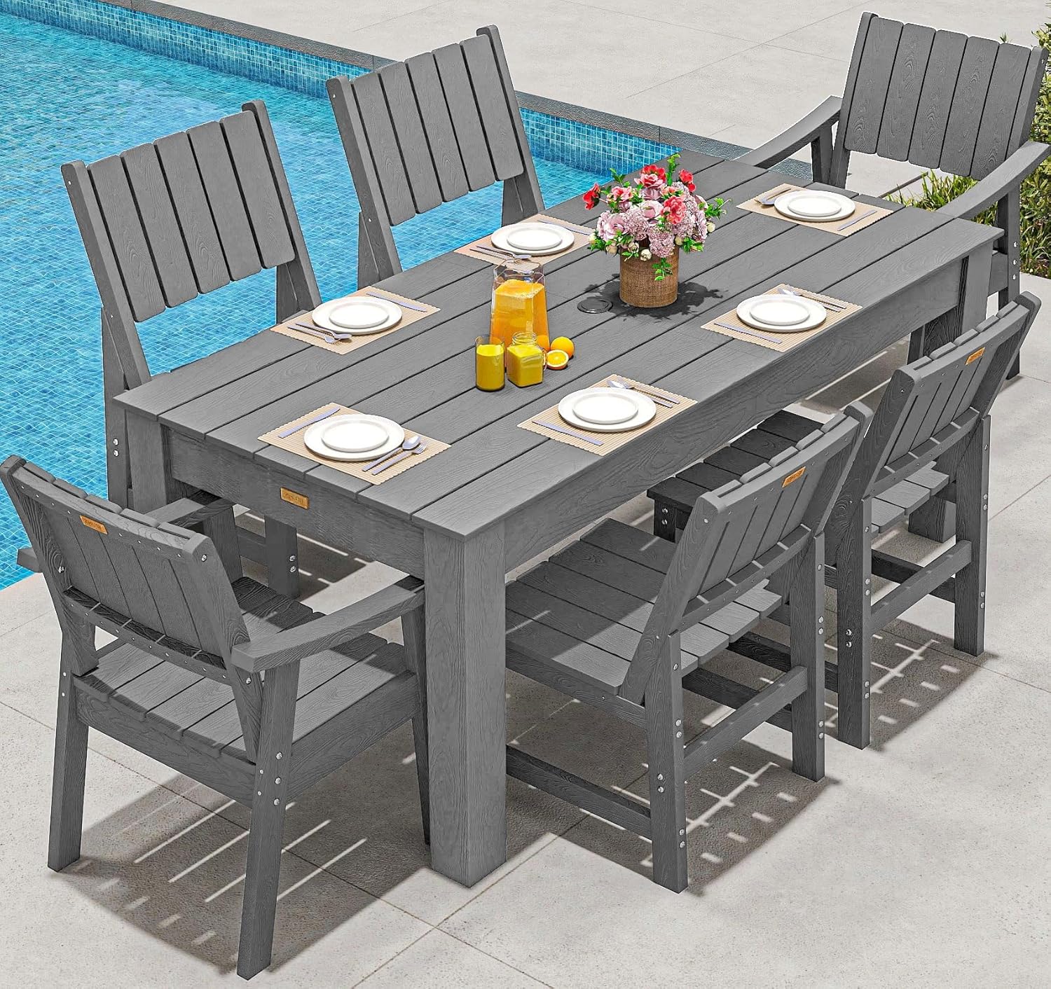 ZHUSI Patio Table and Chairs Set,HDPE Outdoor Dining Set with Umbrella Hole for Backyard, Poolside, Porch,All Weather,Grey