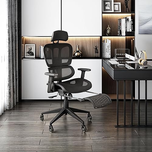 Miniatura 2 de Silla de oficina ergonómica reclinable con reposapiés, silla de malla de respaldo alto ajustable en altura con soporte lumbar, reposacabezas