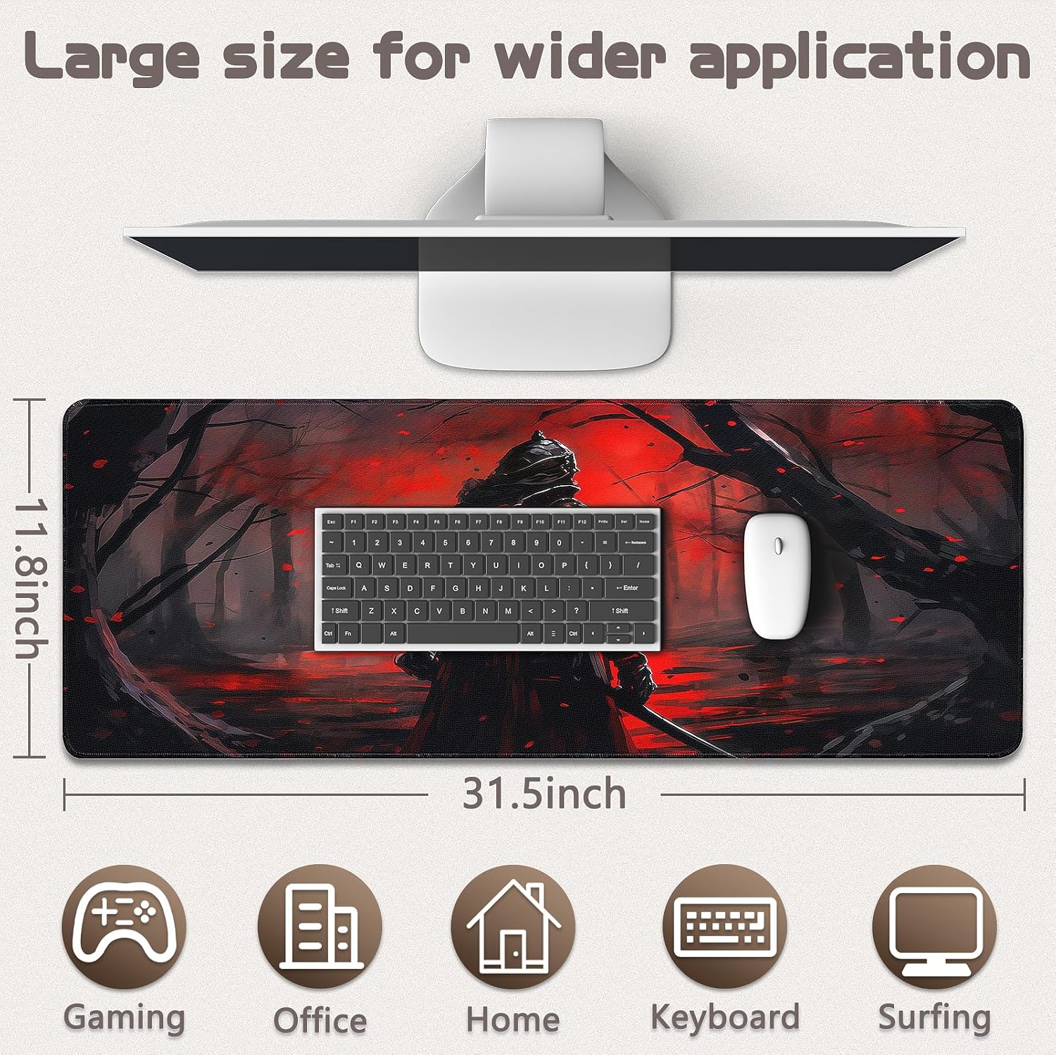 Gaming Mouse Pad - (31.5"×11.8") Japanese Samurai Large Mouse Pads for Desk - Desk Mat for Keyboard and Mouse with Non-Slip Base, Desks Pad Matfor Game/Office & Home image 5