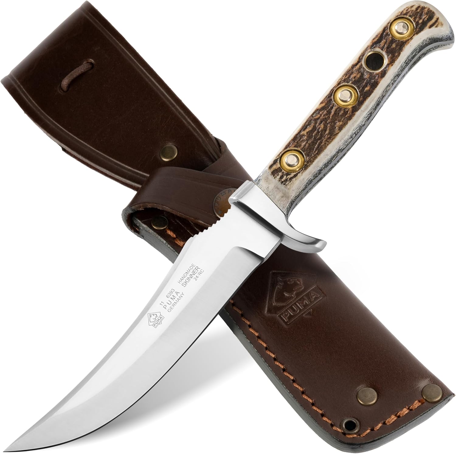 PUMA – Skinner Hunting Knife – The Classic Skinning Knife – Handmade in Solingen, Germany – Genuine Stag Handle – 5.1” Blade, 9.4” Overall Length – Full Tang – Includes Premium Saddle Leather Sheath