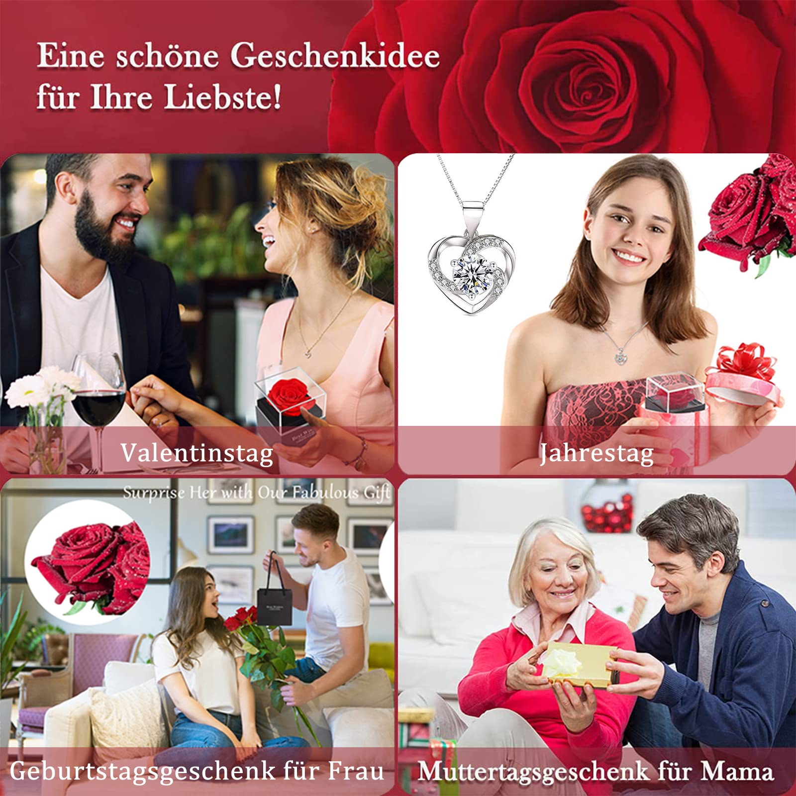 Rosa Eterna Confezione Regalo con Collana per Donna, San Valentino, Anniversario, Compleanno