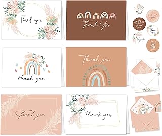 24 Boho Thank You Cards with Envelopes - 6 Designs Boho Baby Shower Thank You Cards with Envelopes, Kids Thank You Cards Baby Shower, Boho Rainbow Thank You Cards for Kids, Thank You Teacher Cards
