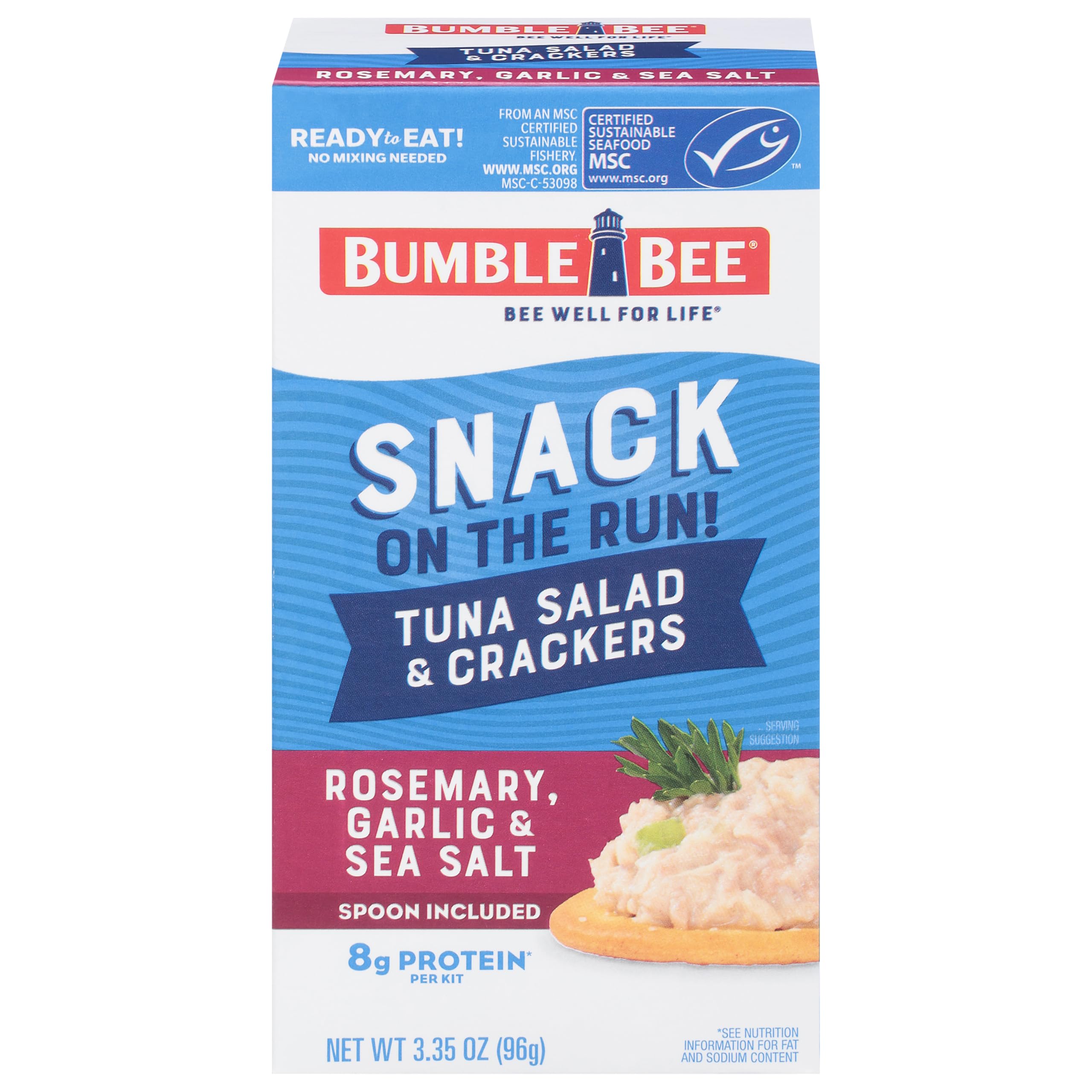 Bumble Bee Snack On The Run Rosemary, Garlic, & Sea Salt Tuna Salad with Crackers Kit - Ready to Eat Protein Snack Pack - 8g Protein per Box - Wild Caught MSC Certified Tuna
