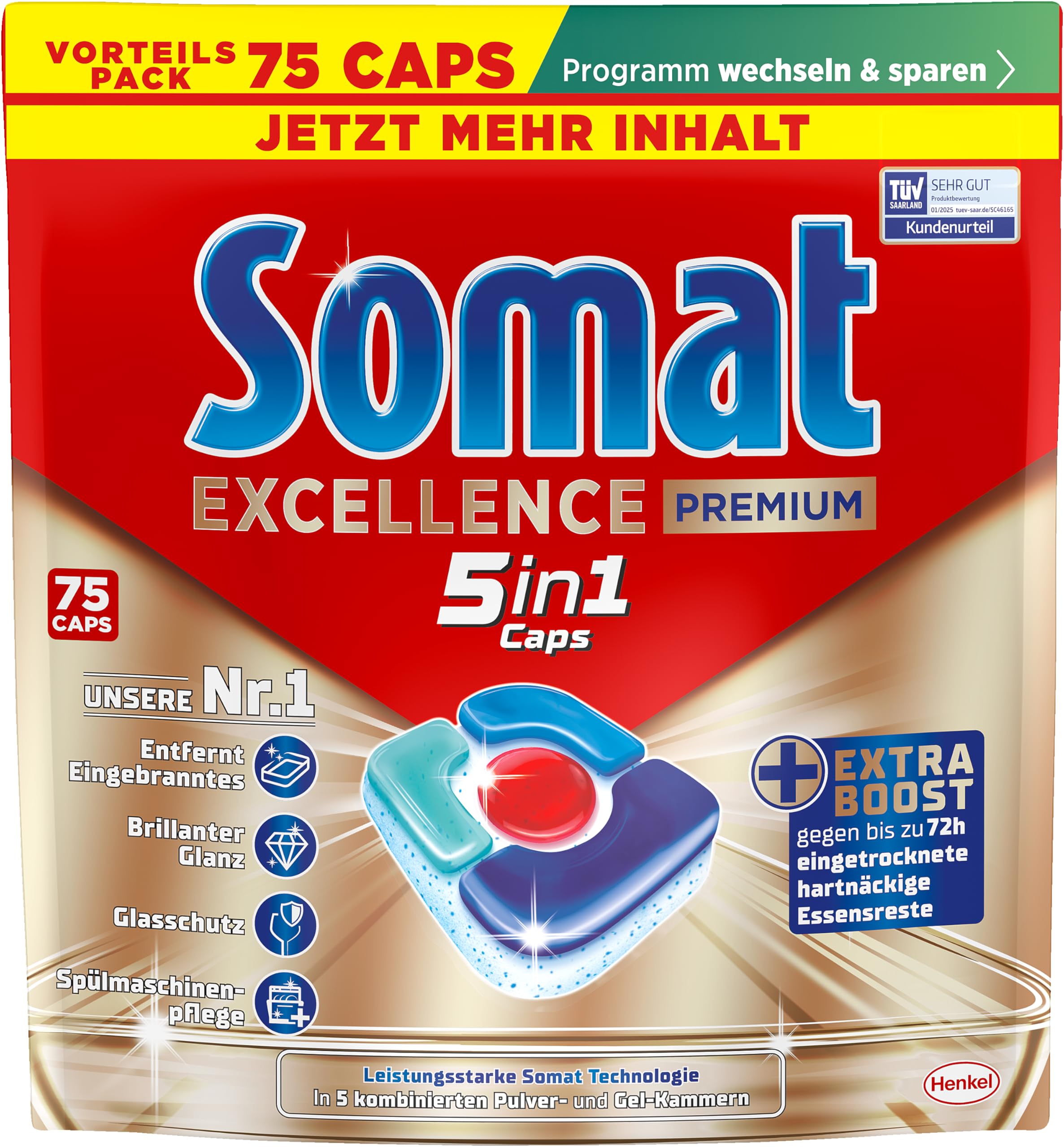 SOMAT Excellence Premium 5in1 Caps (75), schnellauflösende Spülmaschinentabs mit Extra Boost auch im Niedrigtemperatur-, Kurz- & Eco-Programm, entfernen selbst 72 h eingetrocknete Essensreste