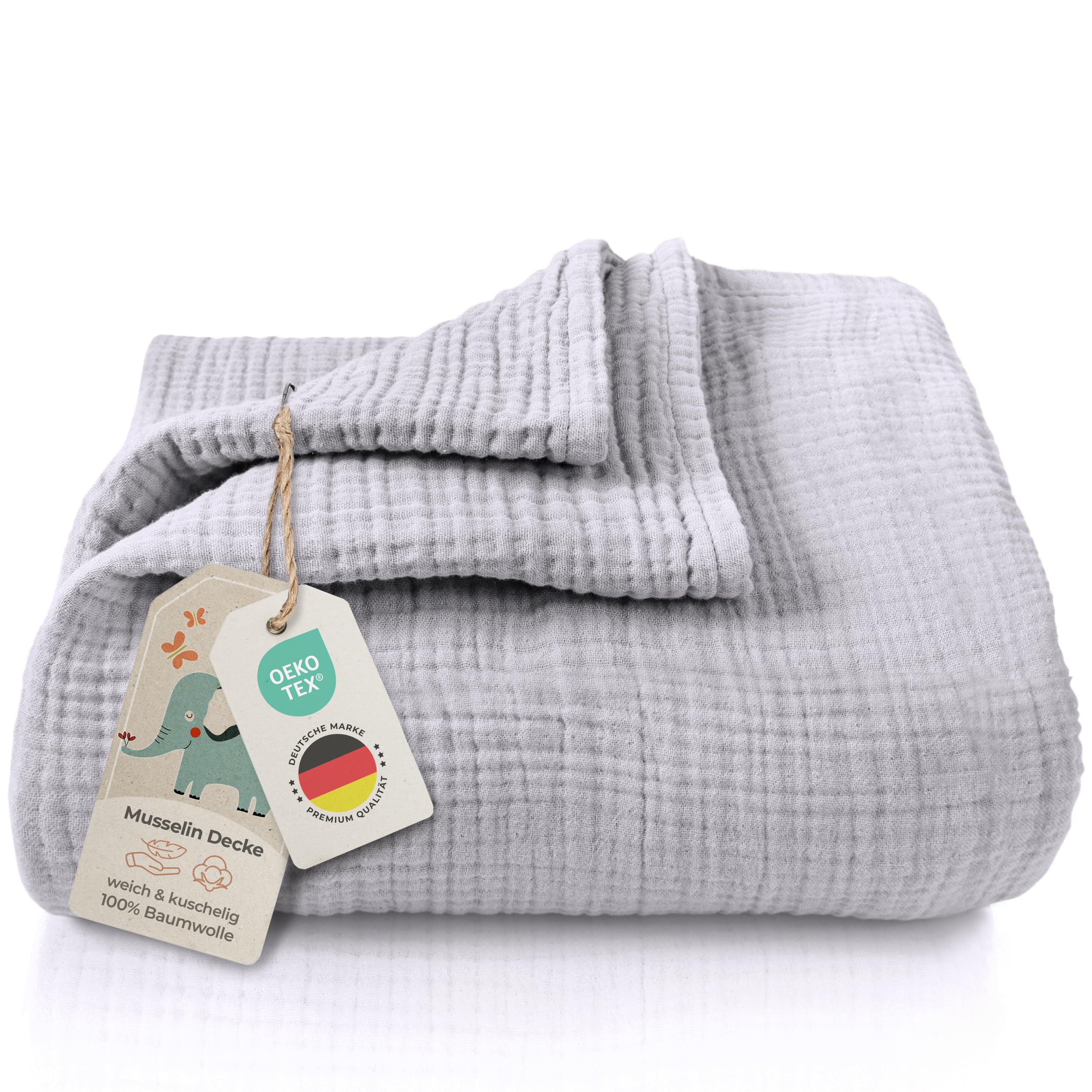 LAYNENBURG Premium Musselin Babydecke 120x120cm – 4 lagige Decke aus 100% Baumwolle - Oeko-TEX 100 - Kuscheldecke oder Schlafdecke, Pucktuch, Spucktuch für Baby, Neugeborene & Kinder (grau)