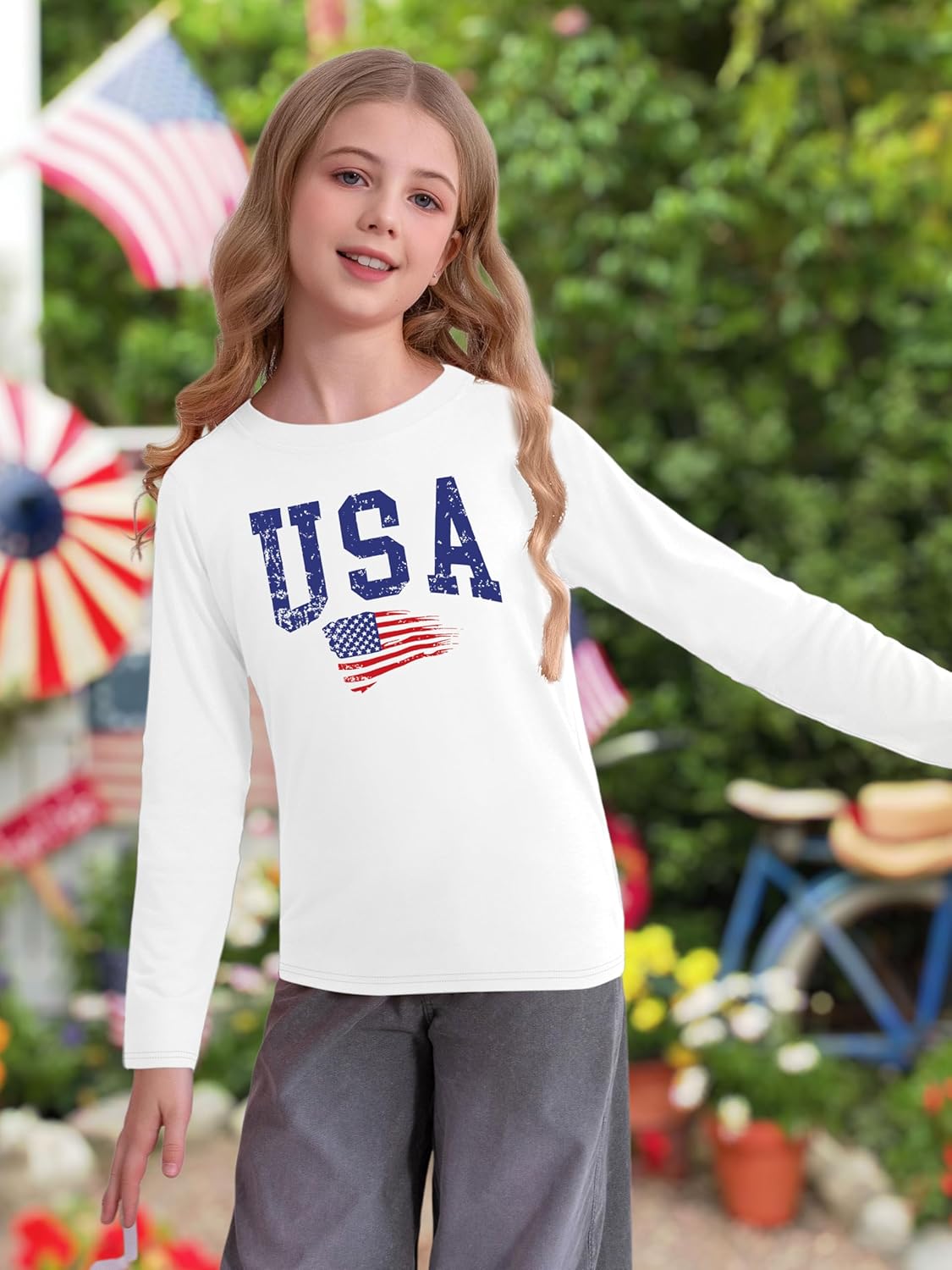 4th of July Outfit Kids Girls American T Shirt USA T-Shirt Fourth of July Tops Patriotic Long Sleeve Tops - Image 3