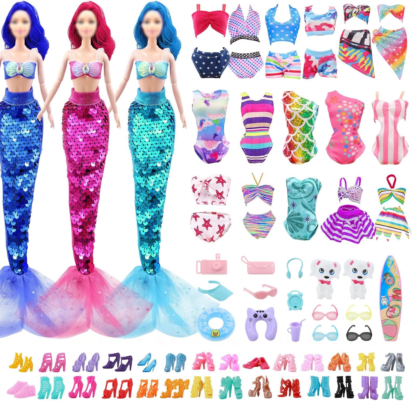 28 Pcs Doll Clothes Accessories Set, 11.5 Inch Doll Swimwear Beach Outfit Includ Bikini Swimsuits Sequin Mermaid Dress Swimming Ring Fashion Glasses Surf Skateboard Shoes Accessories(Random Style)