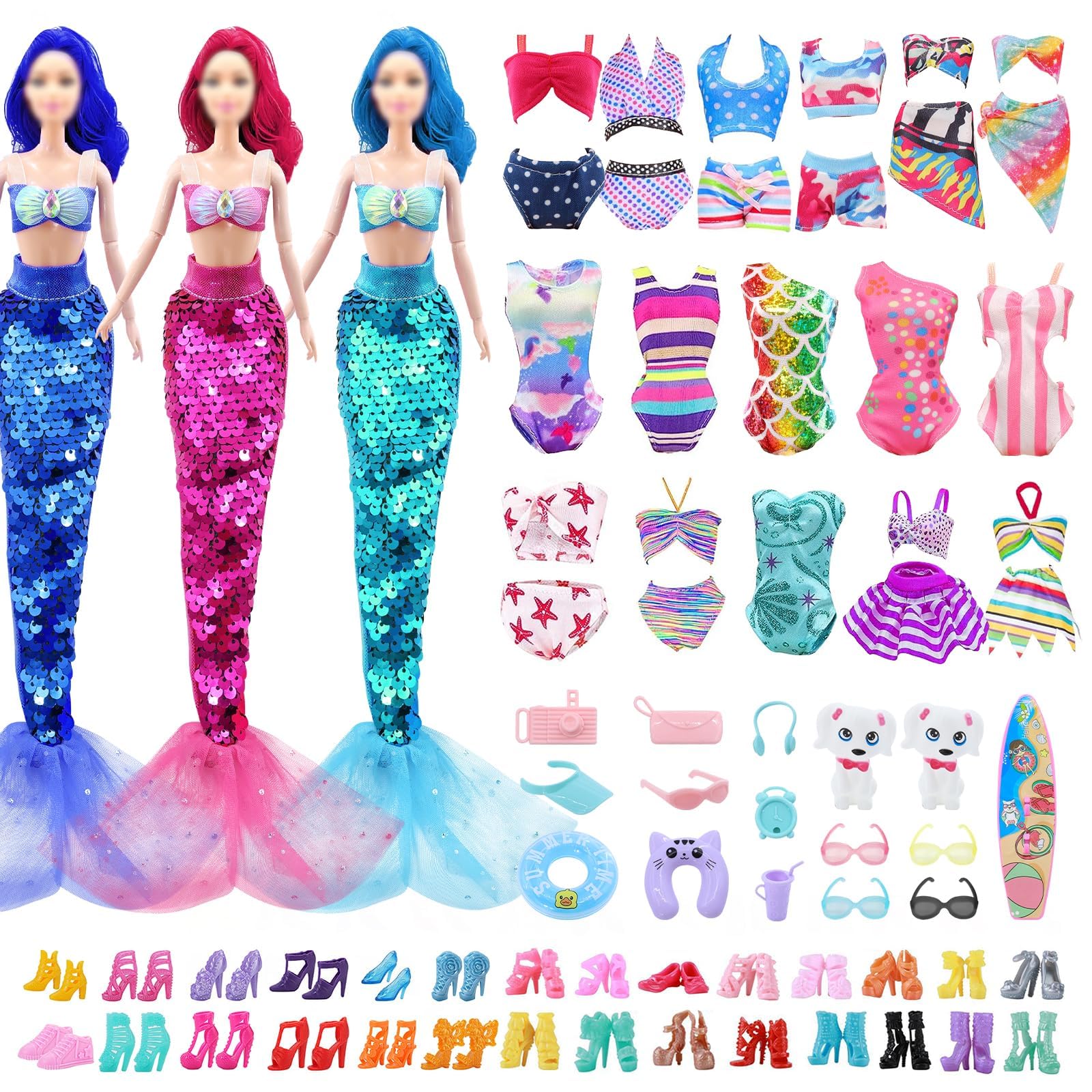 28 Pcs Doll Clothes Accessories Set, 11.5 Inch Doll Swimwear Beach Outfit Includ Bikini Swimsuits Sequin Mermaid Dress Swimming Ring Fashion Glasses Surf Skateboard Shoes Accessories(Random Style)