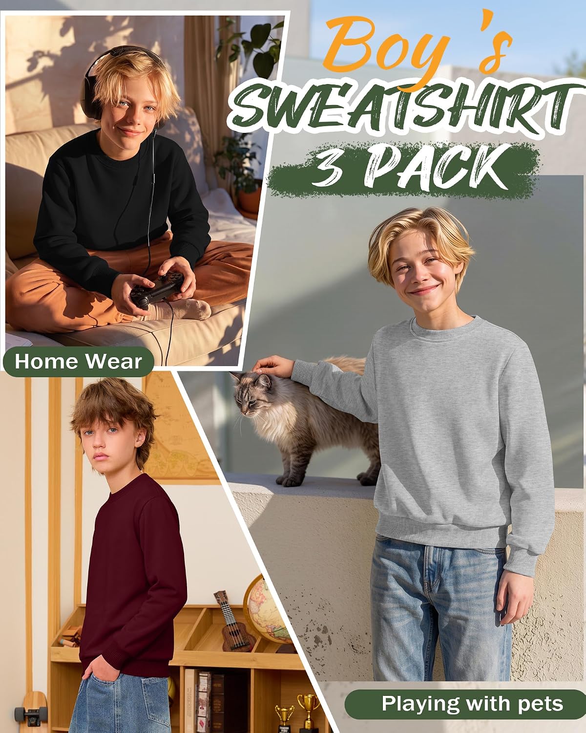 3 Pack Boys Sweatshirts Crew Neck Sweater Pullovers
