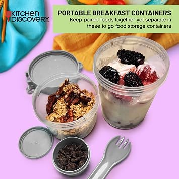 Kitchen Discovery Overnight Oats Containers with Spoon, Gray, 1 Compartment