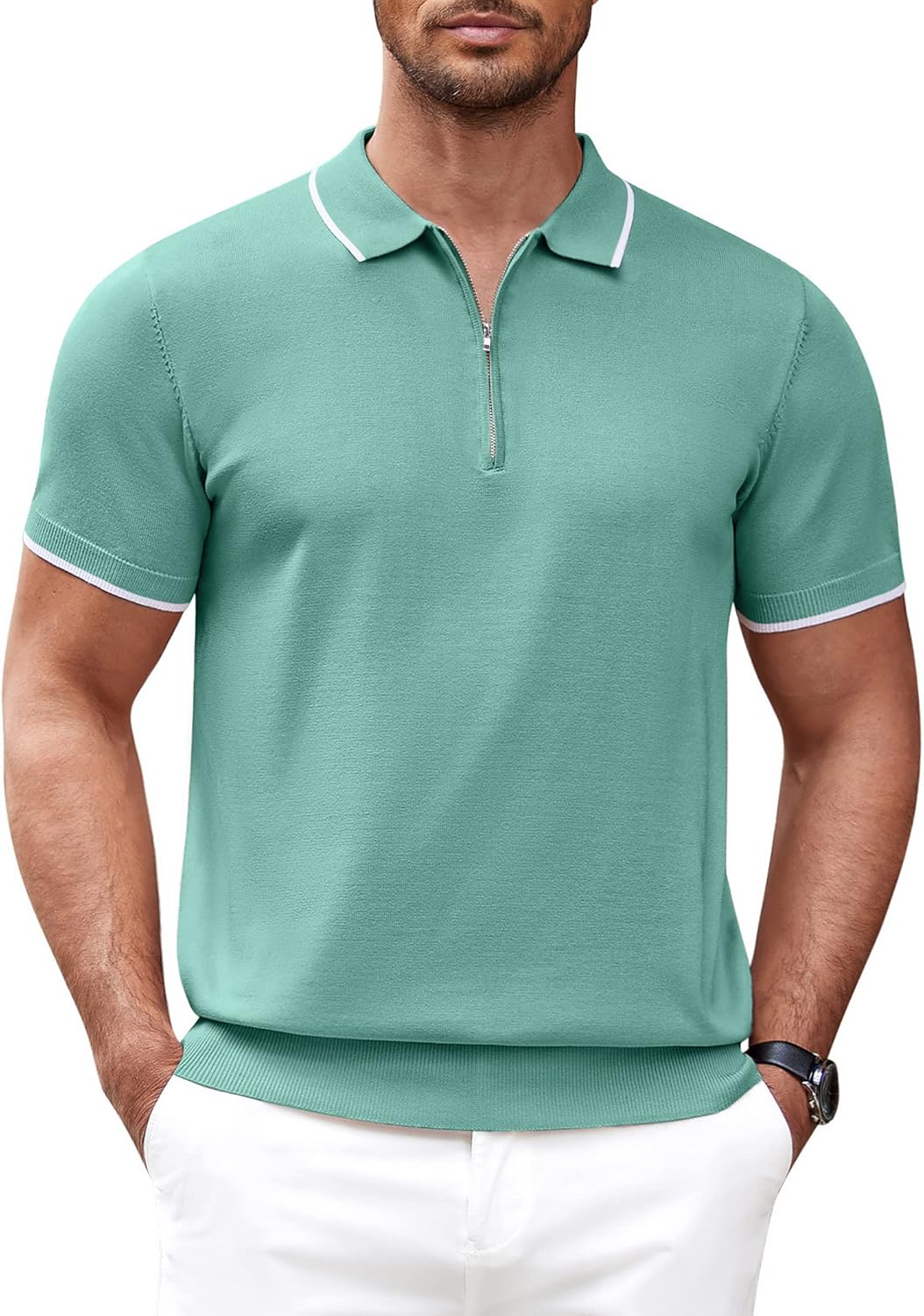 COOFANDY Men's Zipper Polo Shirt Casual Knit Short Sleeve Polo T Shirt Classic Fit Shirts