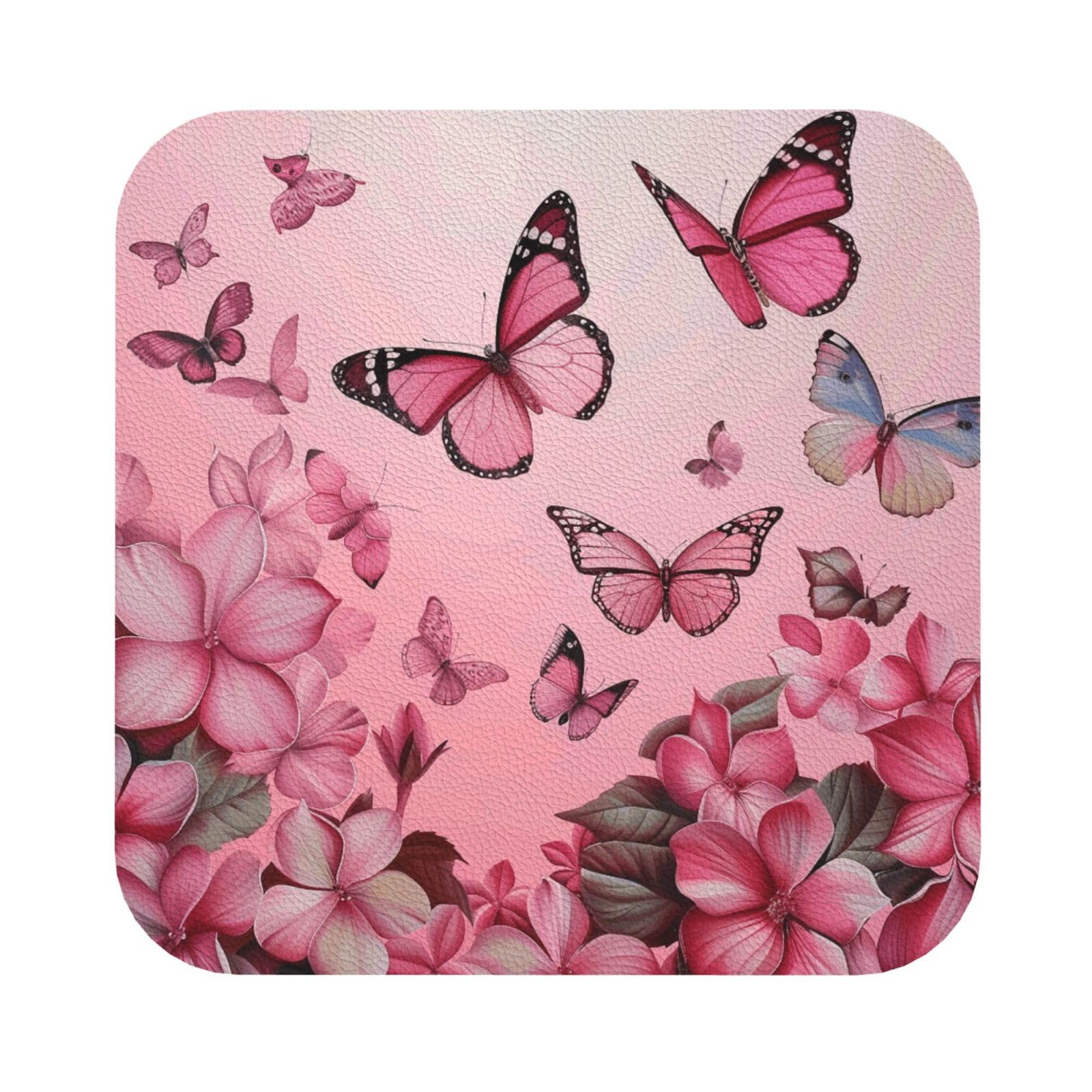 Butterflies Printed Coasters for Drinks, Leather Coaster Sets of 4, Funny Coffee Cup Coaster, Absorbent Coaster for Home and Office Kitchen Bar Square