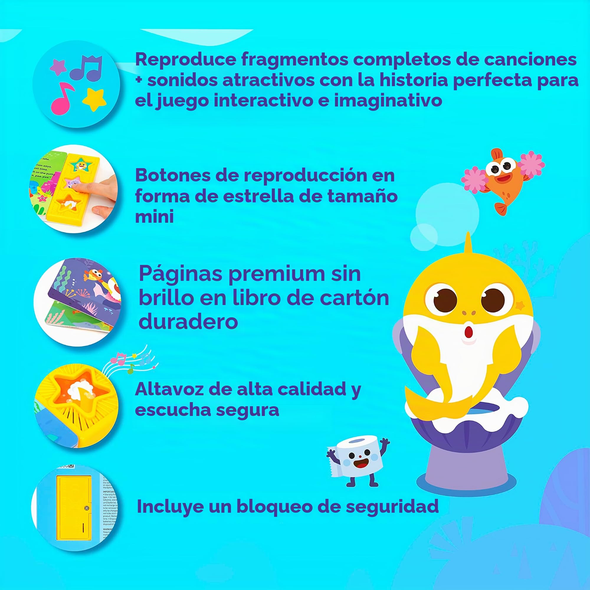 Baby Shark - Libro de sonido de 3 botones: libros interactivos de entrenamiento para ir al baño para niños pequeños, juguetes de aprendizaje