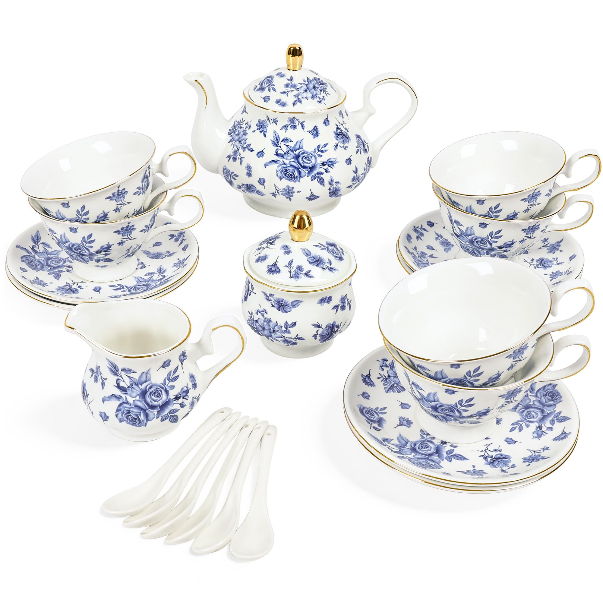 Juegos de té de porcelana floral azul y juego de café vintage de 21 piezas para 6 personas