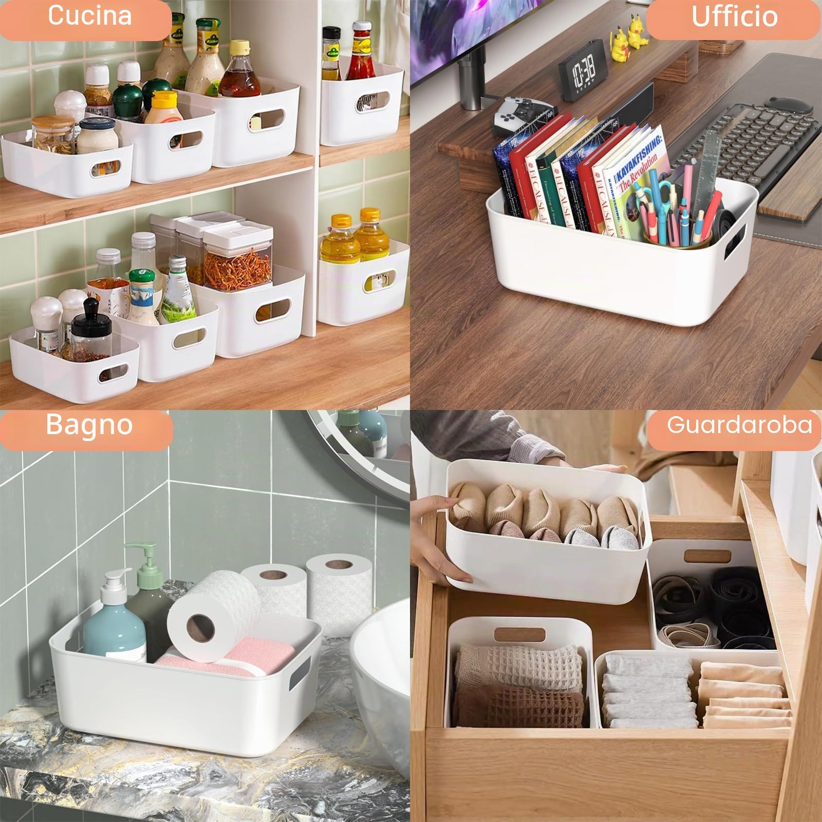 12 Pezzi Cestini Portaoggetti in Plastica Bianco Scatole Portaoggetti con Manici Contenitore Plastica Rettangolari Scatole Organizer Impilabile per Bagno Cosmetici Armadio Cucina Scaffale