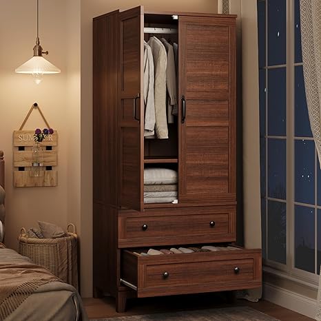 GarveeHome Armoire Wardrobe Closet with 2 Drawers,72" Wooden Wardrobe Cabinet with Hanging Rod, Tall Clothing Armoire Cabinet with Doors and 18 Adjustable Shelves for Bedroom, Clothes,Walunt Brown