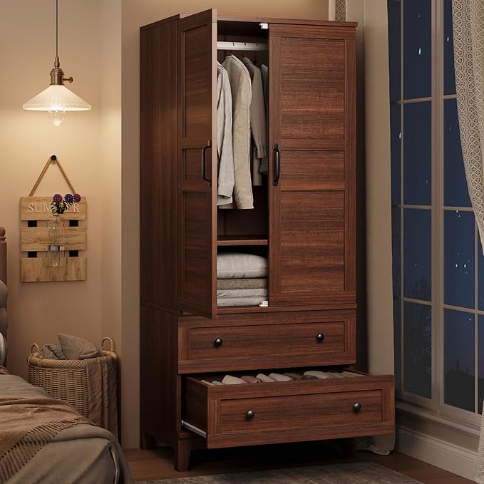GarveeHome Armoire Wardrobe Closet with 2 Drawers,72" Wooden Wardrobe Cabinet with Hanging Rod, Tall Clothing Armoire Cabinet with Doors and 18 Adjustable Shelves for Bedroom, Clothes,Walunt Brown