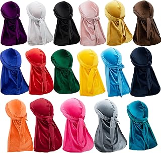 17 Pcs Long Tail Velvet Durag, Do Rags for Men, Pirate Bandana Hat Crushed Velvet Head Wraps Durags Cap, 17 Colors