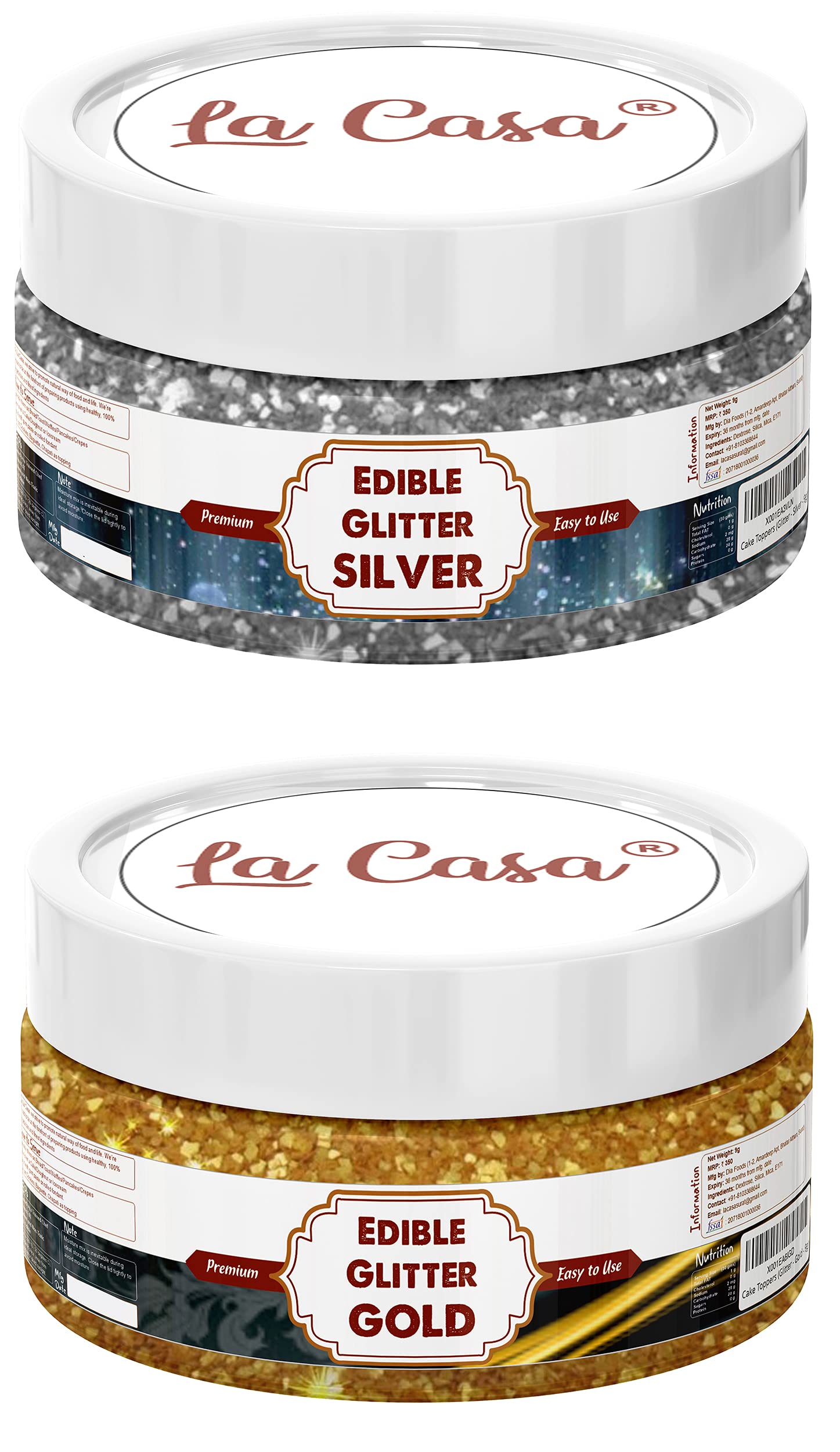 La Casa Premium Edible Glitter - Silver & Golden | Pack of 2 | Metallic Glitter Ideal for Cake Icing Decoration & Garnishing | 2x9g |