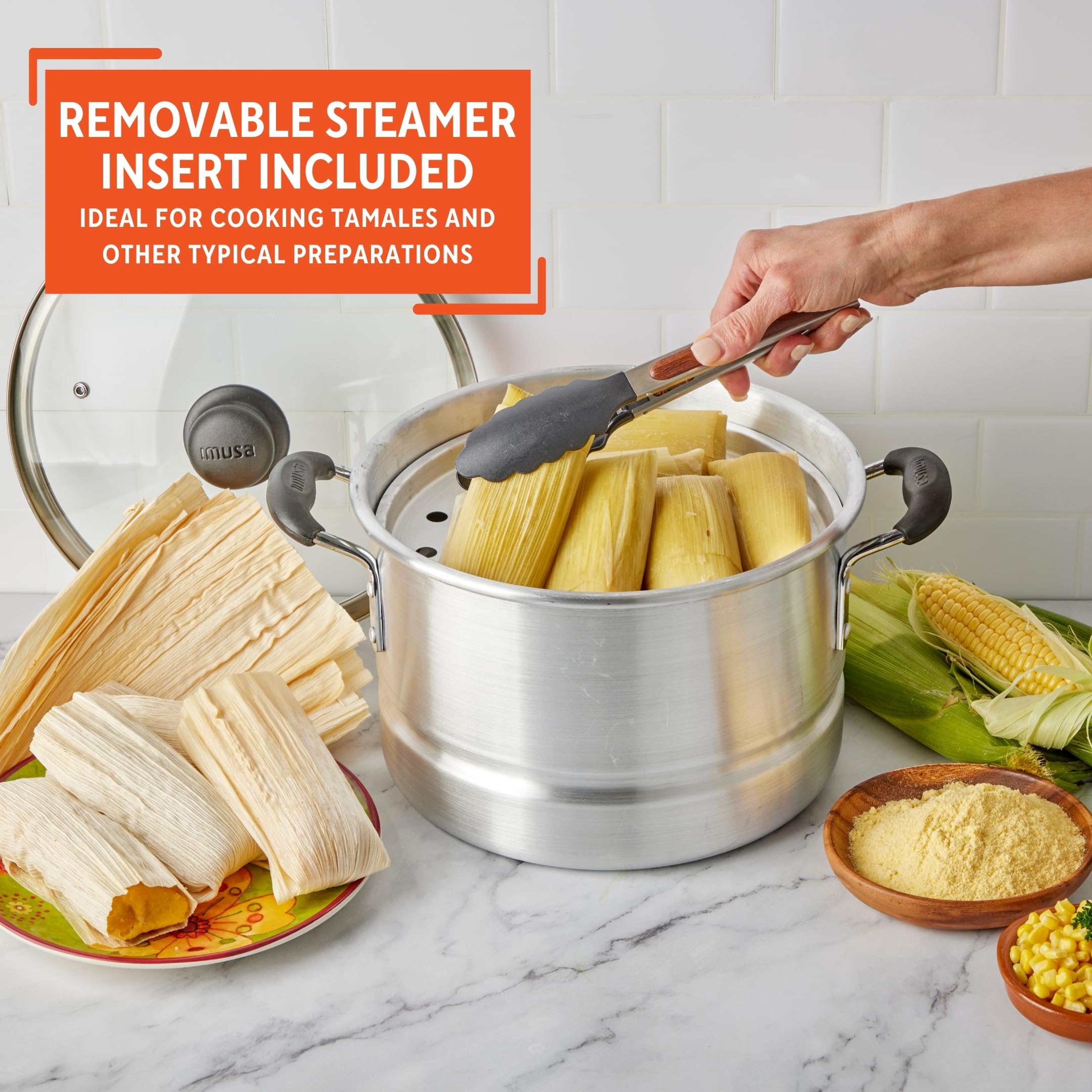 Imusa 10 Quart Aluminio Cool Touch Accesorio para cocinar al Vapor con Tapa de Cristal, Color Plateado