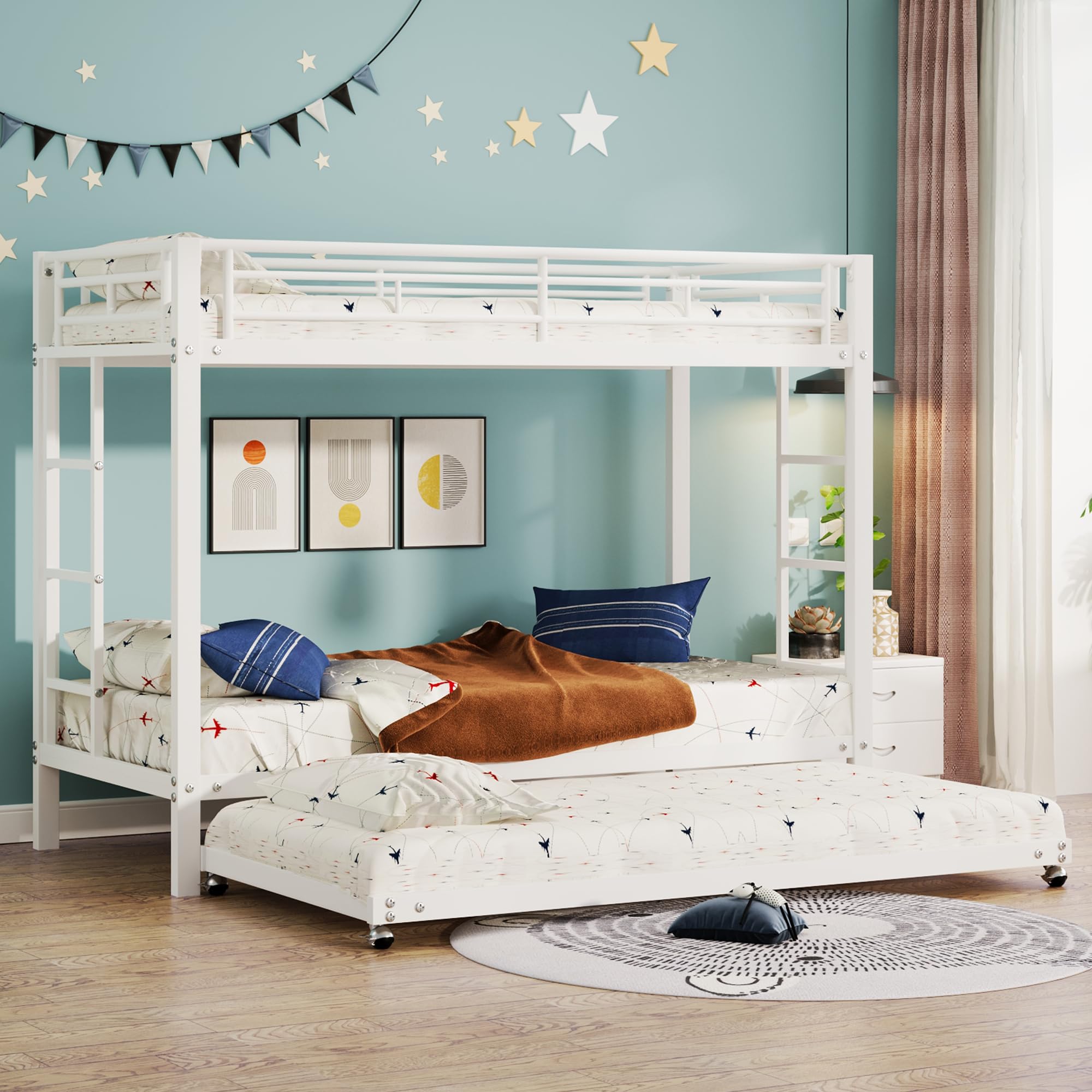 Letto a castello da 90 x 200 cm con struttura in ferro e letto estraibile da 90 x 190 cm - Letto per bambini con alta barriera di protezione, certificato EN747, costruzione robusta - Triplo