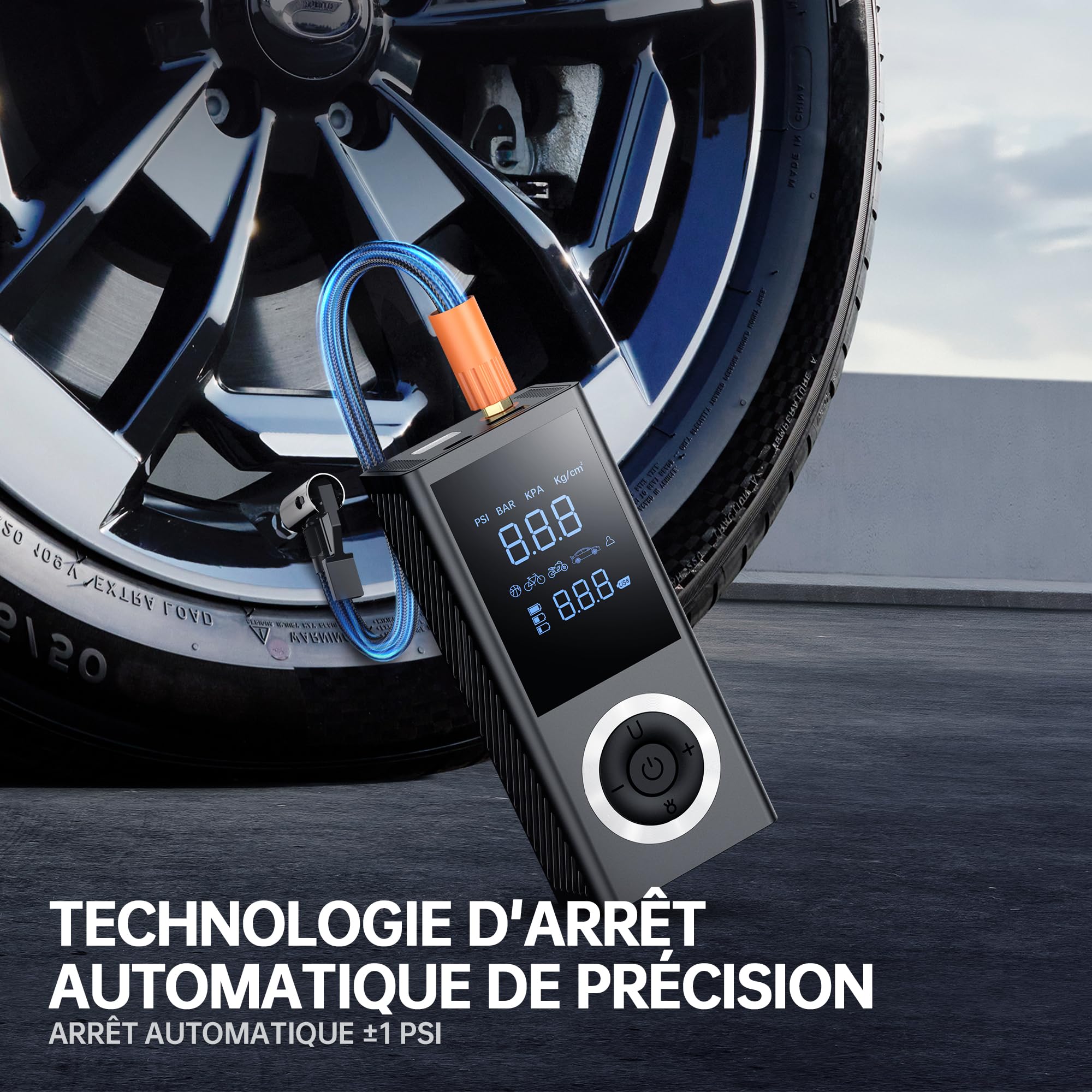 Gonfleur de Pneus Électrique Sans Fil 150 PSI – Mini Compresseur d’Air Portable Rechargeable avec Écran Digital, LED, Arrêt Automatique – pour Voiture, Vélo, Moto, Ballon