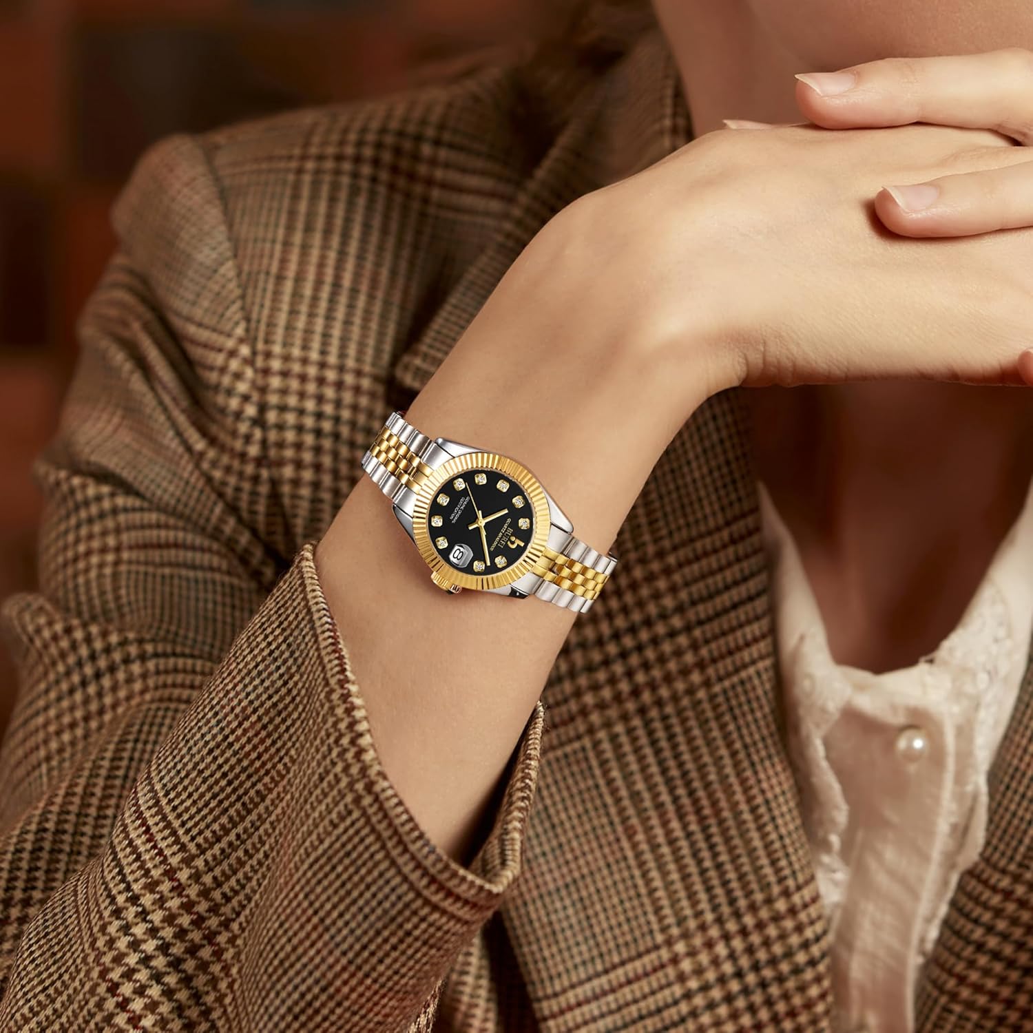 BUREI Women's Business Watch with Day Date, Analog Quartz Movement, Silver Gold Stainless Steel Bracelet, Fashion Ladies Watch, Small Face, Diamond, Waterproof - Image 7