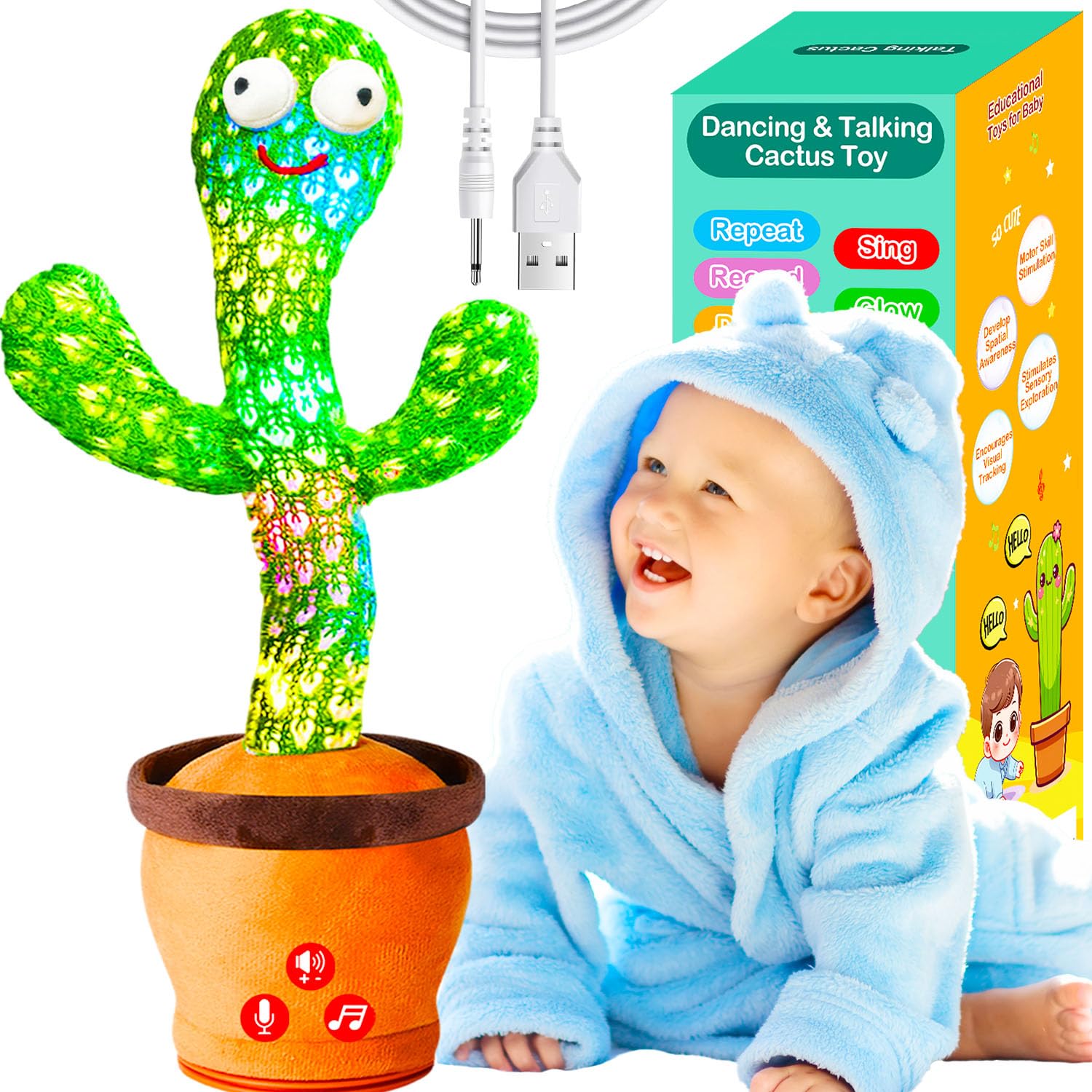 Rechargeable Dancing Talking Cactus Toy for Baby, Volume Adjustable, Singing, Mimicking, Repeating, Kids Baby Toys for Girls Boys, Birthday or Chirstmas Gifts for Grandkids, Stocking Stuffers for Kids