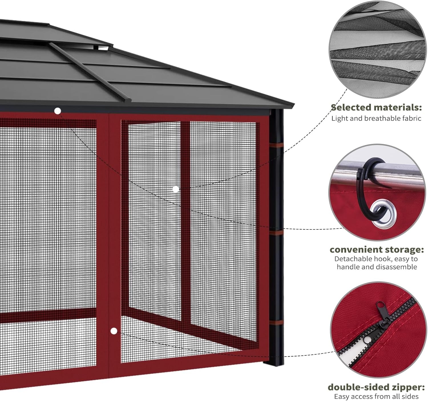 Gazebo Replacement Mosquito Netting Outdoor Universal Gazebo Canopy 4-Panels Screen Sidewalls with Zipper for Patio Garden (Red, 10x10)