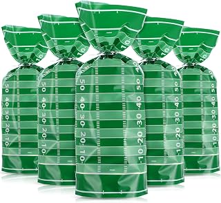100 Pieces Football Field Plastic Cellophane Treat Bags Wide Bottom Heat Sealable Candy Bags Football Gift Bags with 100 Pieces Silver Twist Ties for Football Party Favor, 11 x 5 x 3 Inch