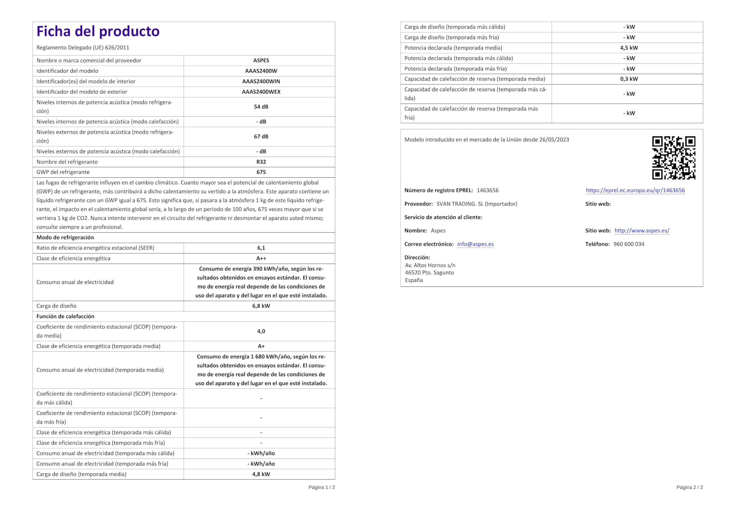 Aspes Aire Acondicionado Split, 24000 BTU AAAS2400W. Bomba de Calor, Temporizador, Clasificación Energética A++