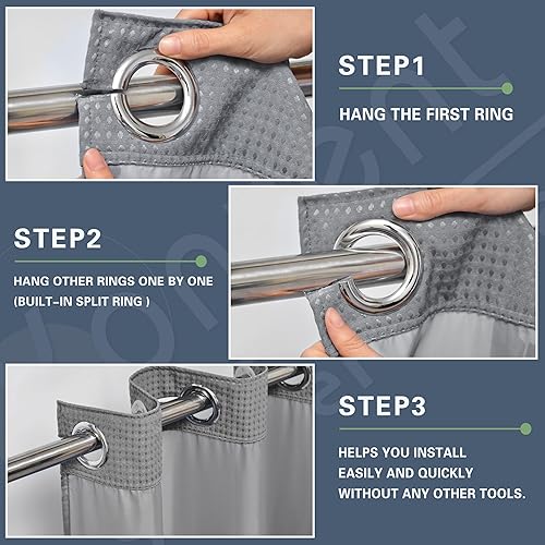 Miniatura 9 de KONZENT Cortina de ducha bohemia gris y blanca, cortina de ducha de tela de hotel a rayas grises, lavable a máquina con forro extraíble para baño,