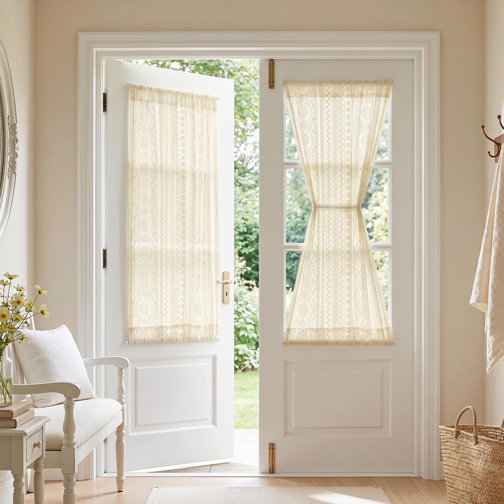 MYSKY HOME Beige Lace French Door Curtains 40 inch Long 2 Panels Boho Sheer Floral Curtains for Door Window Scalloped Doorway Sidelight Curtains Come with 2 Matching Tie-Backs, 26" Wide Each Panel