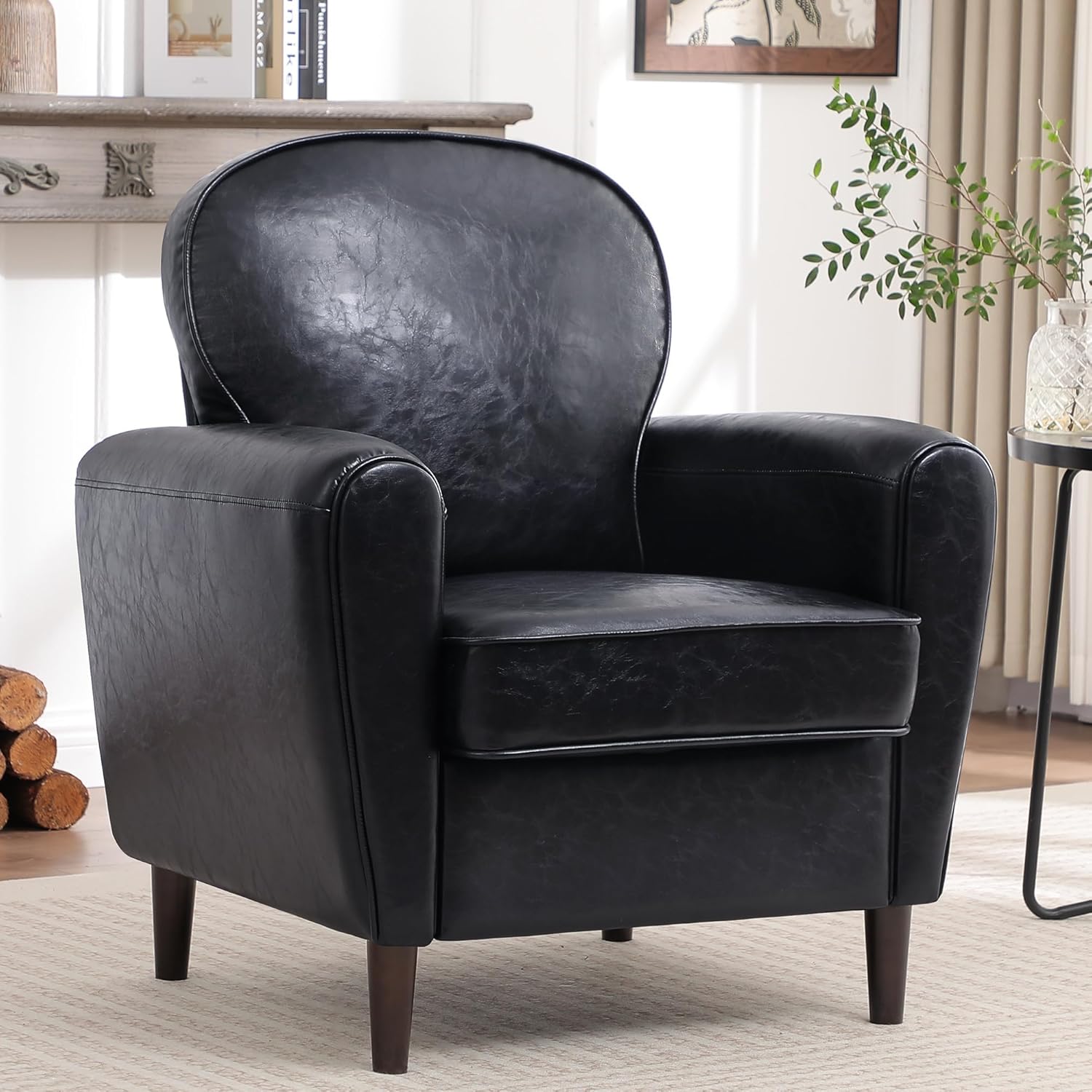 Accent Chair, Faux Leather Mid Century Modern Arm Chairs with Thick Cushion and Back, Comfy Upholstered Reading Chair Single Sofa Chair for Living Room, Bedroom, Club, PU Black