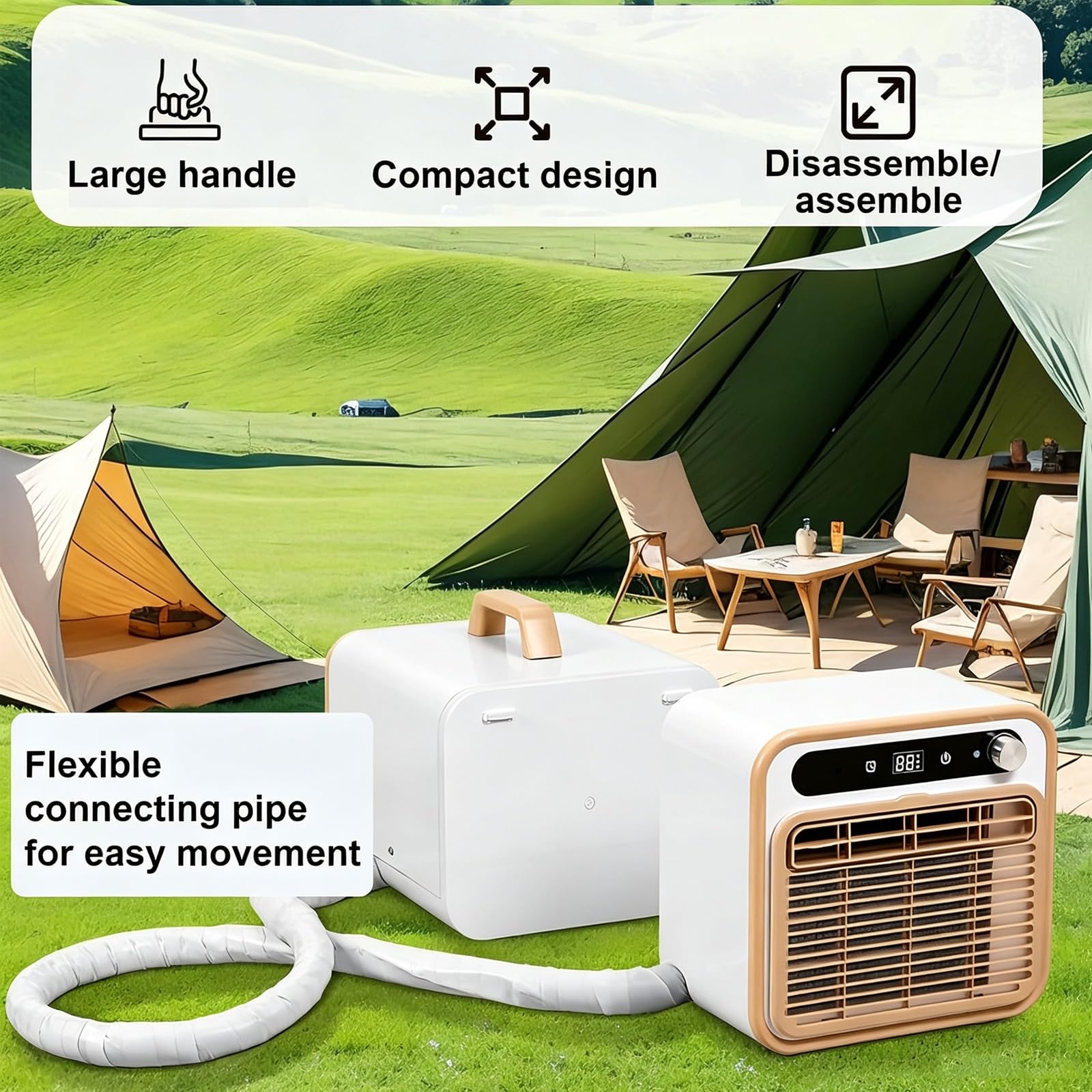 Przenośny klimatyzator typu split z 5000 BTU, cichy klimatyzator Wi-Fi 40 dB do przyczep kempingowych, na kemping i wynajmowane domy, strumień powietrza 130 m³/h, inteligentny panel dotykowy z 12
