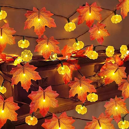 CENGNIAN Paquete de 2 guirnaldas de luces de calabaza de otoño, decoraciones de otoño, tira de luces realistas de hoja de arce, 9.8 pies, 2030 LED,