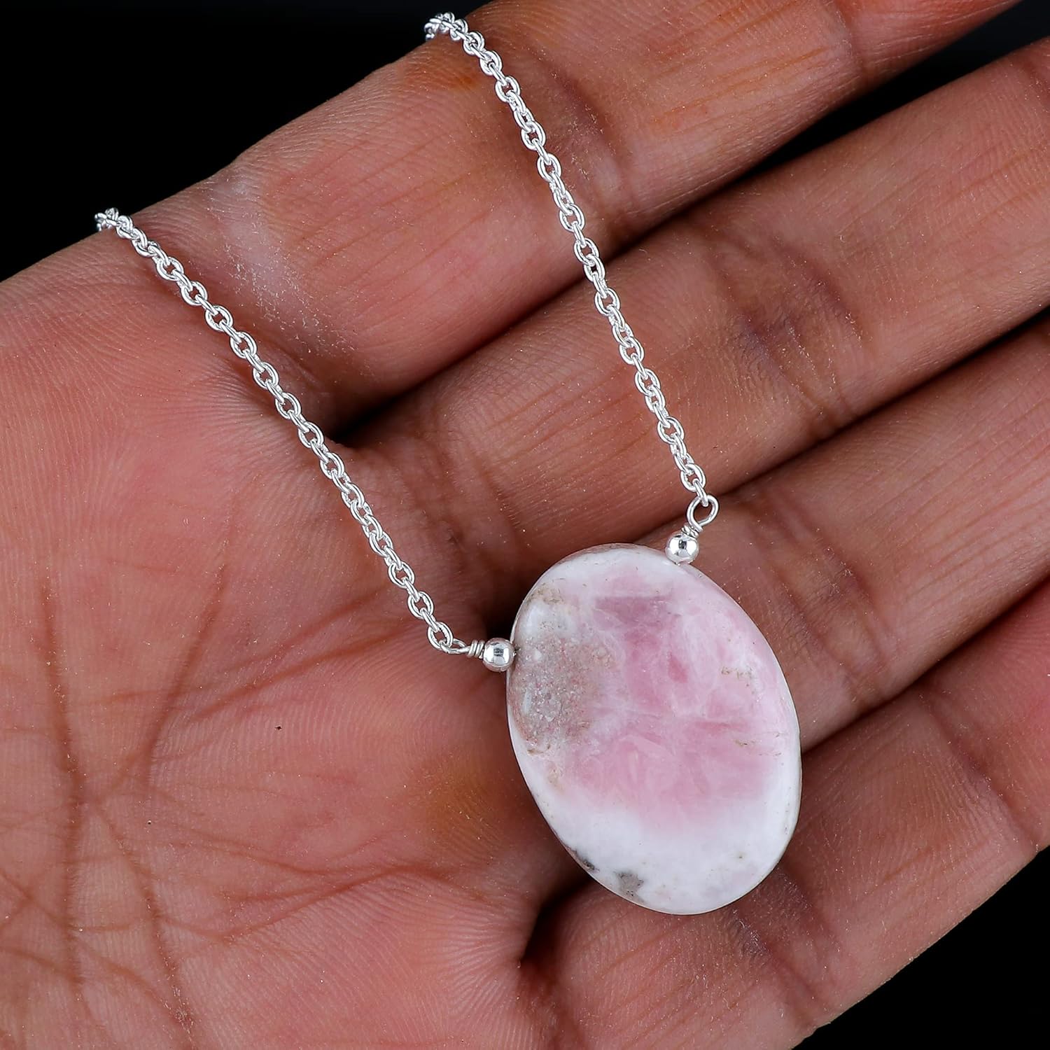 Rhodonite Necklace Natural Oval Cabochon Gemstone Pendant | Silver Plated Adjustable 16+2 Inch Chain | Pink Healing Crystal Jewelry for Women | 15–25 Carat - Image 3