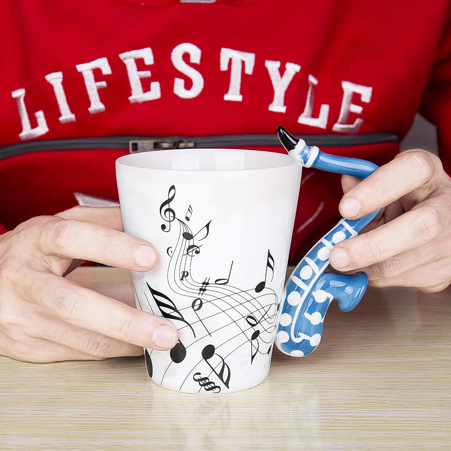Black Friday 🔥 LanHong - 13.5 oz Sax Mug Musical Notes Design Coffee Cup Ceramic Music Saxophone Cup Gift for Friend