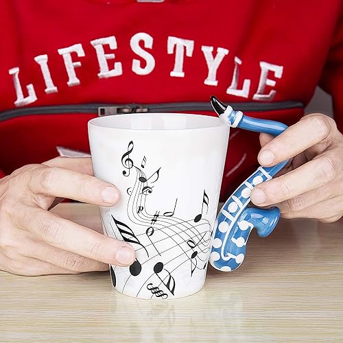 Miniatura 6 de Taza de saxofón de 13.5 oz con diseño de notas musicales, taza de café de cerámica, regalo para amigo