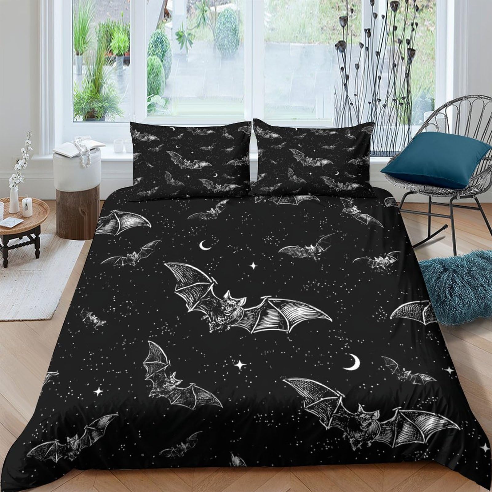 GPLZQXKJNH 3D Printed Gothic Bat Moon Duvet Cover Set Microfiber Soft Black Bedding with 2 Pillowcases for Bedroom Decor Single（135x200cm）