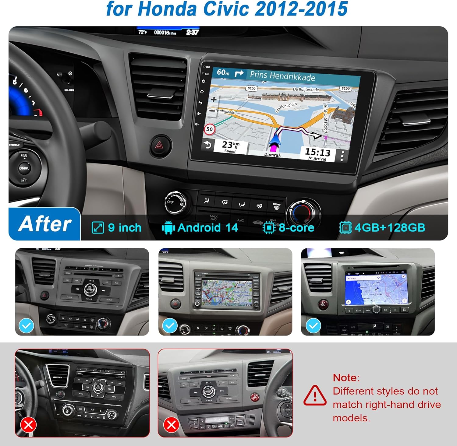 Car Radio Stereo Upgrade for Honda Civic 2012-2015，8 core 4+128G with Wireless CarPlay/Android Auto/9 '' Touch Screen/Android 14/Bluetooth/WiFi/GPS Navigation/1080p Backup Camera