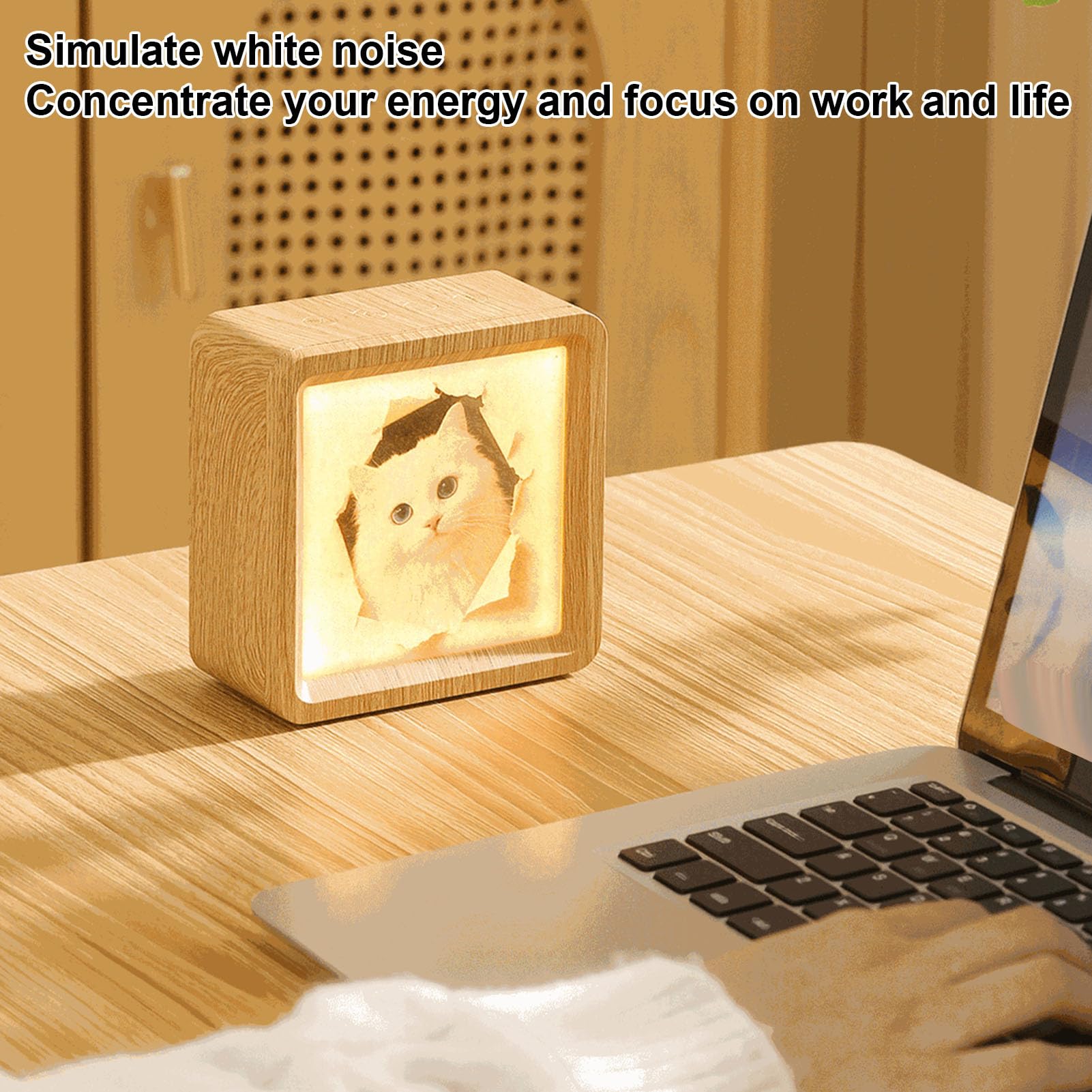 Luocute White Noise Machine, Lautsprecher mit Nachtlicht, für Baby-Erwachsene, Zuhause, Reisen, Büro, Desktop-Kunstdekoration (Holzmaserung +5 Lampenschirmpapiere)