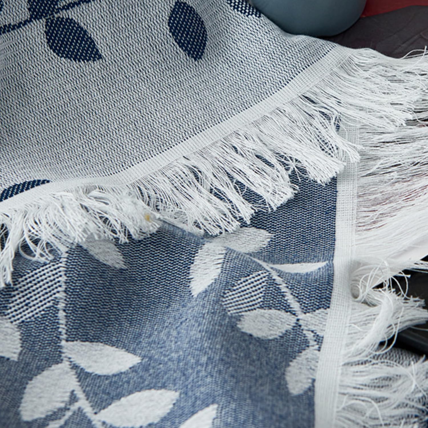 NIDITW Boho Leaves Muslin Blanket 80x92 Inches 100% Cotton Cooling Breathable for Hot Sleepers Lightweight Summer Throw with Tassels for Bed Couch Sofa Picnic (Leaf Navy Blue, 80"x92") - Image 6