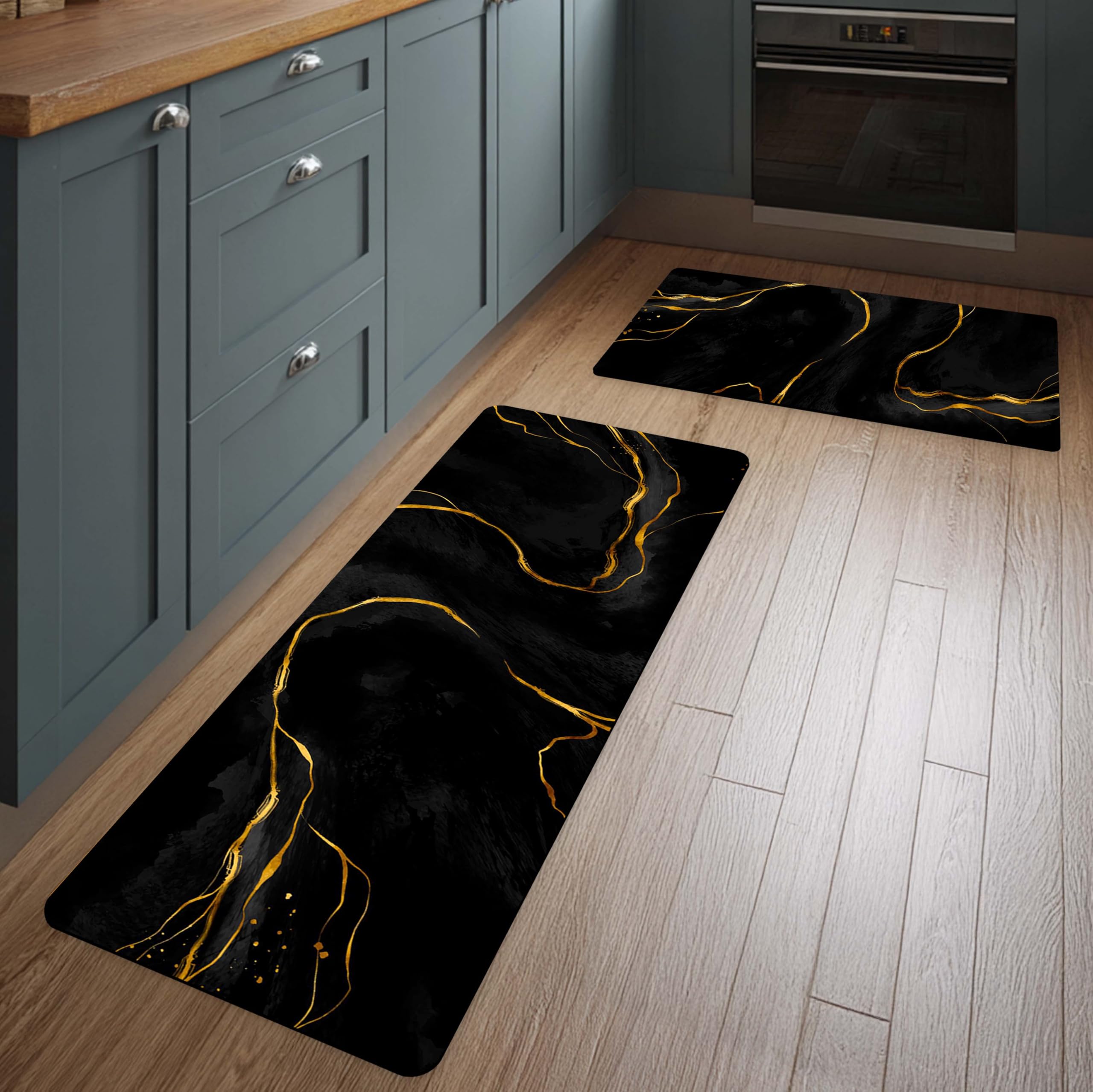 TURTLEWINGS Set of 2 Floor Mat – 120×40 cm Runner + 60×40 cm Mat | Quick Dry Anti Slip Diatomite Kitchen Mat | Soft Rubber Backing Washable Floor Mat | 3 mm Thin (Black Gold Flow Marble Design)-picture-11