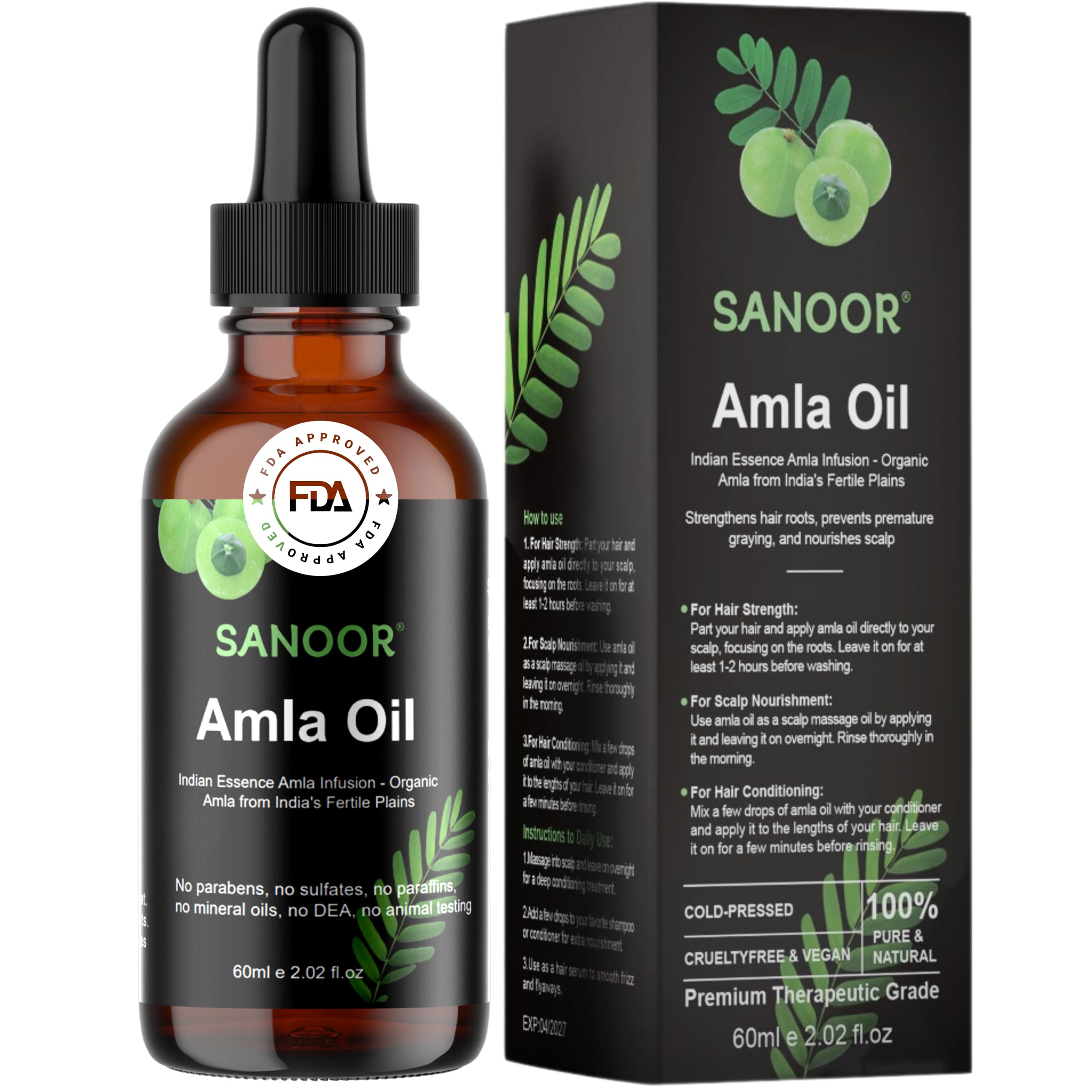 SANOOR® Indian Essence Amla Oil – 100% Pure Cold‑Pressed Ayurvedic Amla Oil for Hair Growth, Scalp Nourishment & Skin Care – Strengthens Hair, Reduces Hair Fall – Vitamin‑C Antioxidant Boost – 60 ml