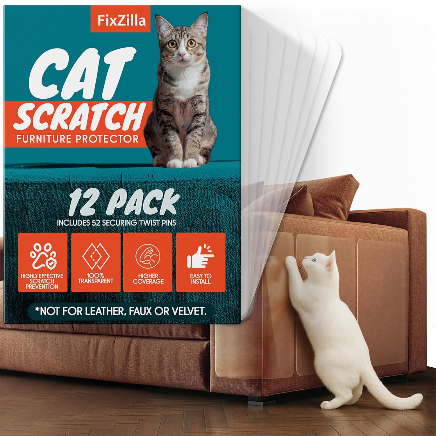 Anti Cat Scratch Furniture Protector, 12-Pack Couch Protector from Cat Claws – Heavy-Duty, Easy-to-Apply Scratching Deterrent and Shield for Sofa Corners, Walls, Doors- with 52 Twist Pins Anti Cat Scratch Furniture Protector, 12-Pack Couch Protector from Cat Claws – Heavy-Duty, Easy-to-Apply Scratching Deterrent and Shield for Sofa Corners, Walls, Doors- with 52 Twist Pins