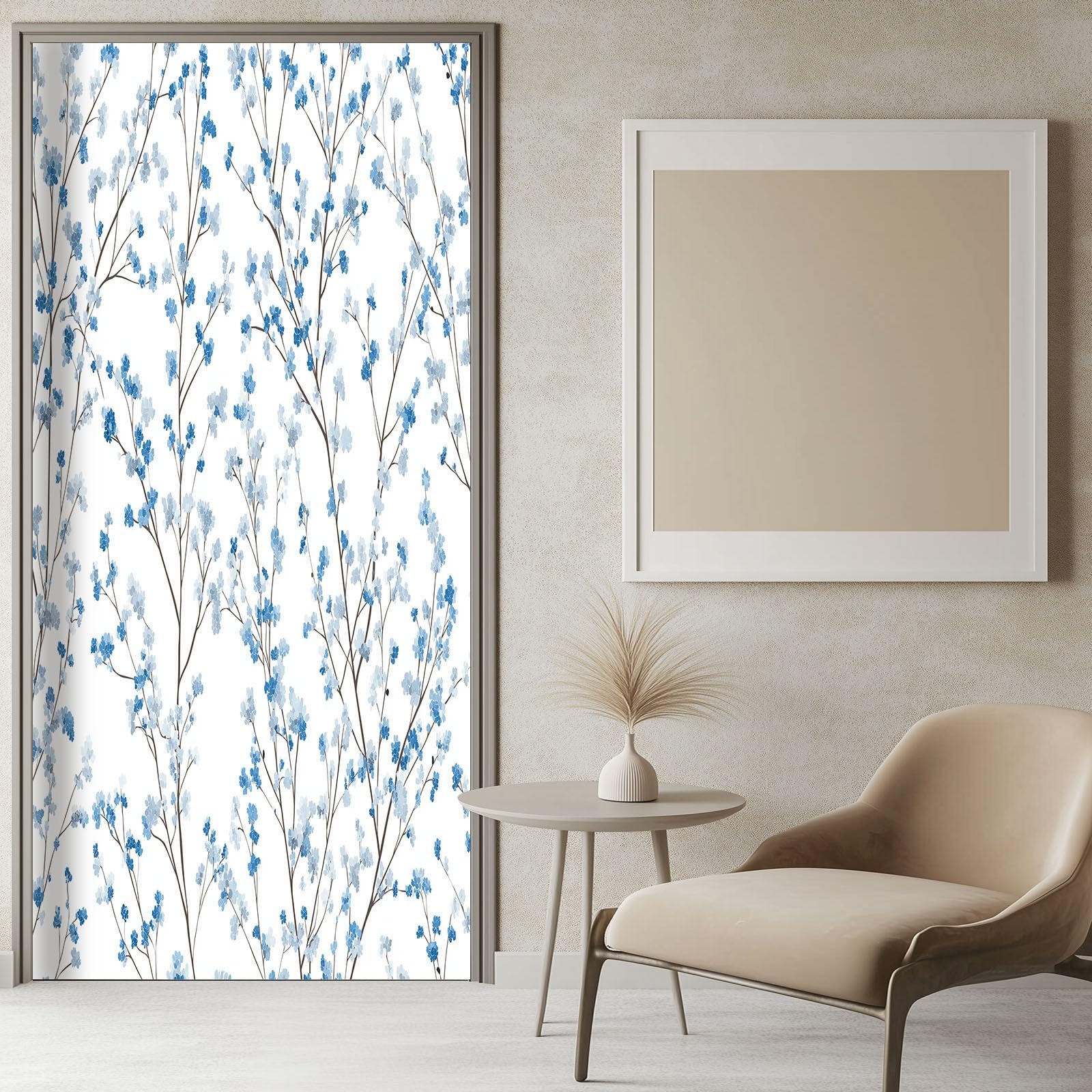 Tapeta na drzwi 3D, samoprzylepna, prosta data, niebieskie, szare kwiaty, plakat na drzwi, elegancki design, naklejka na drzwi, wodoszczelna, zdejmowana folia na drzwi, fototapeta, do salonu, sypialni