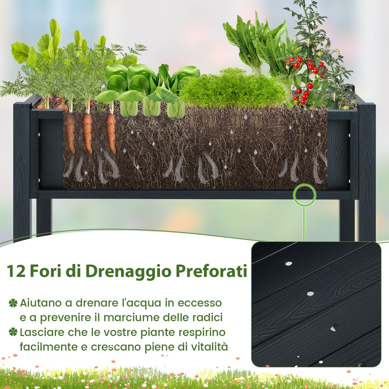 RELAX4LIFE Fioriera da Esterno, Orto Rialzato da Esterno con 12 Fori di Drenaggio, Fioriera Legno con Ripiano Inferiore per Fiori, Erbe e Frutta, per Balcone, Giardino (86x45x73cm, Nero)